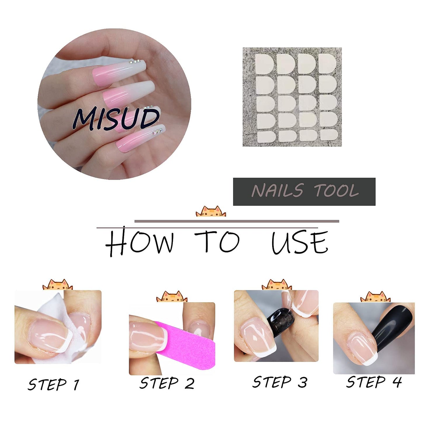 MISUD Press on Nails - Long Coffin Fake Nails with Pink White Ombre, Acrylic Rhinestone Design 24 pcs