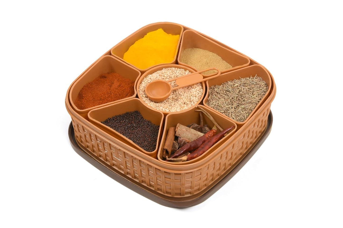 UNIMITY Plastic Square Multipurpose Masala/Spice/Dry Fruit Box Set 1 Piece- Brown (Masala Box -7 in 1)