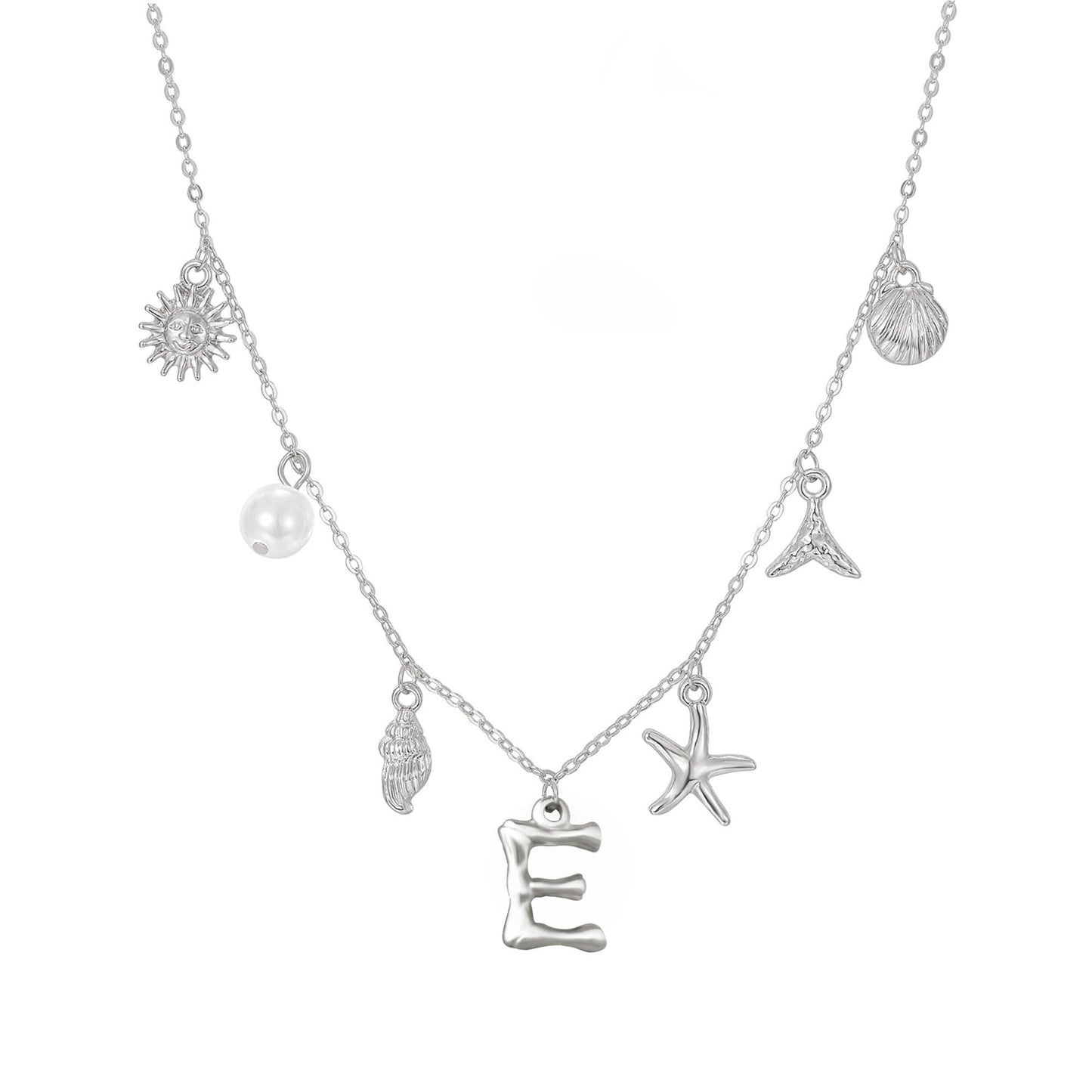 JALZEMPL Initial Charm Necklace For Women Seashell Shell Letter Boho Summer Beach Starfish 14k Gold Plated Silver Pendant Surfer Jewelry Gifts (E,Silver)