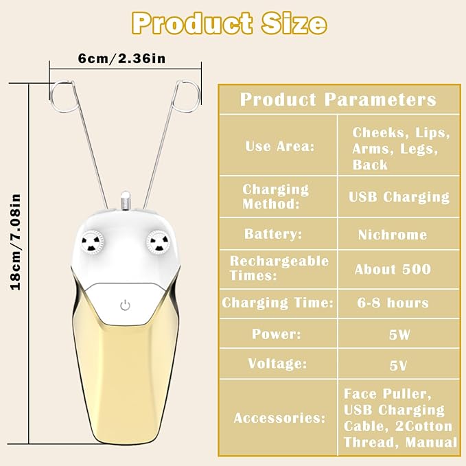 Gold Facial Threading Hair Removal Electric Women's, USB Rechargeable Electric Hair Removal Device for Women, Threading Face Epilator for Fine Hairs on Face, Chin, Upper Lip, Arms