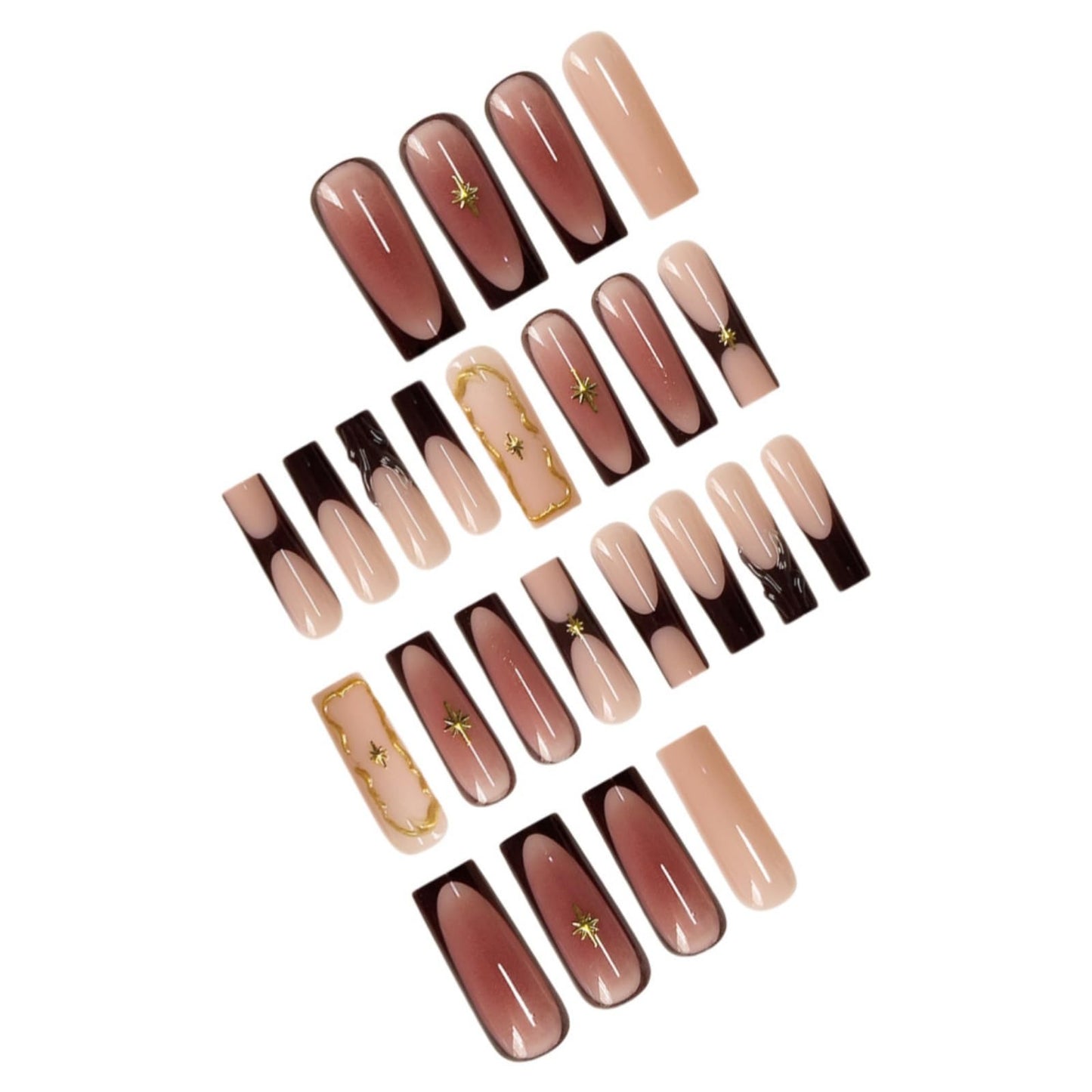 Long Press on Nails Square Fake Nails Brown False Nails French Artificial Nails Exra Long Nails with Gold Charm Designs XL Acrylic Nails Press ons Stick on Nails for Women 24pcs