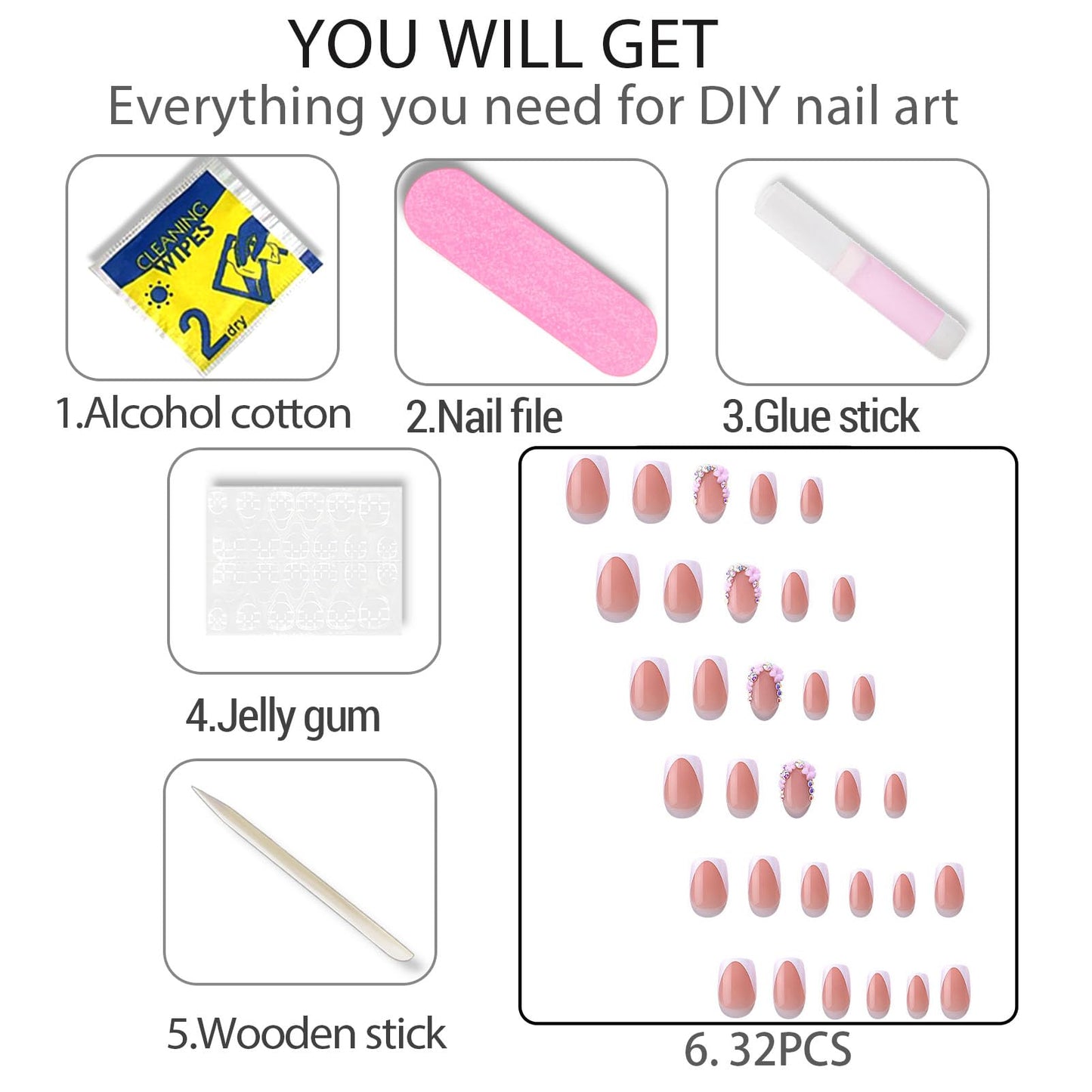 WAFOLOZE White French Tip Press On Nails - Short Square Fake Nails With Rhinestone & Flower Designs, 16 Sizes - 32pc False Nails Tips Kit, Stick On Nails