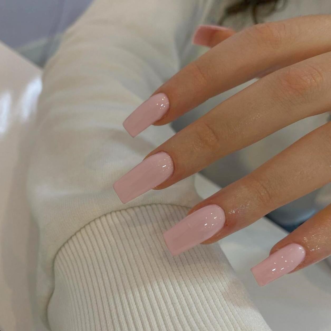 KQueenest Dusty Pink Long Medium Press on Nails Coffin Nails Press Ons Pale Glossy Gel Full Cover Long Fake Nails For Women, Thick Square Tip Nails Acrylic False Nails Set for Daily & Wedding, 24 Pcs