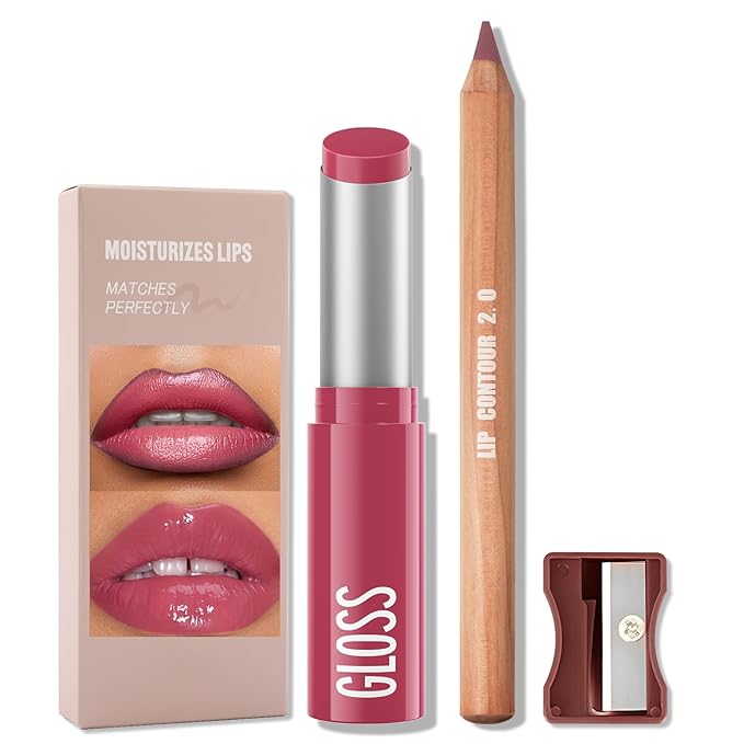 Erinde 2pcs Lip Liner and Lipstick Combo Set, Matte Lipliner Pencil & Hydrating Lip Gloss Makeup Kits for Women, Waterproof, Long Lasting, Highly Pigmented, Nude Brown Natural Lipstick, 02