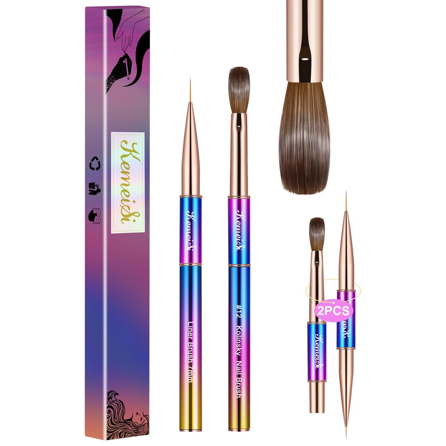 KEMEISI 2PCS Nail Brush - Liner & Kolinsky Art Brush Size #12 for Acrylic Application, Sturdy Handle Oval Shaped Design Tools for Professional Manicure DIY
