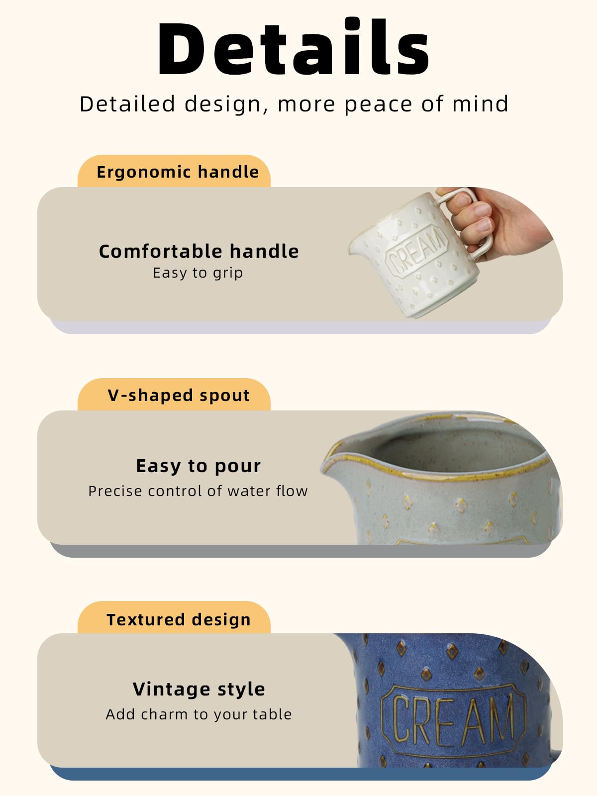 QUXIJA 9 OZ Creamer Pitcher, Ceramic Creamer with Handle, Small Milk Pitcher Cup for Coffee, Sauces, Salad, Microwave & Dishwasher Safe (Vintage Grey)