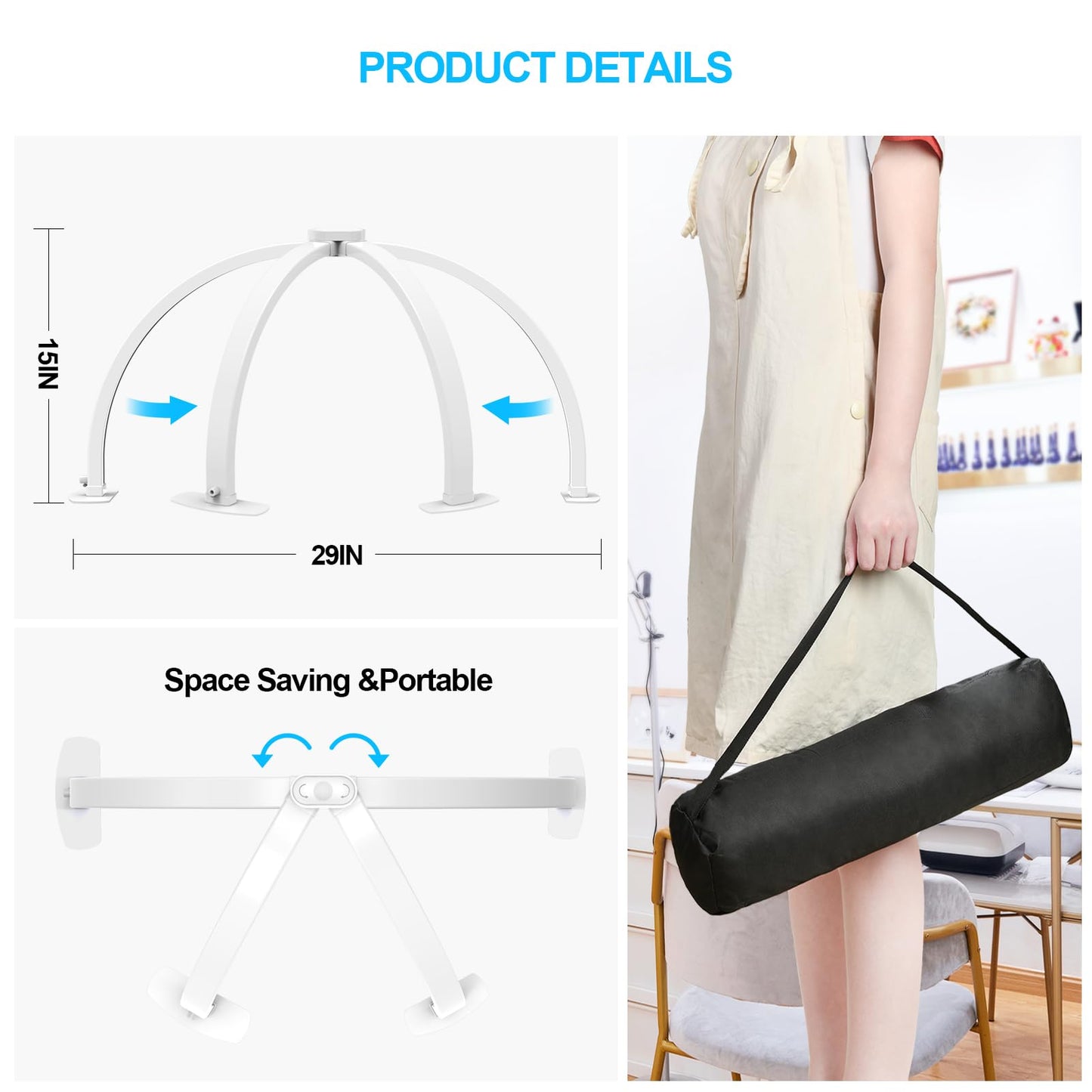 Kadden Foldable Large Half Moon LED Light,29" Arch Light for Table Nail Desk with Phone Stand, Upgrade Arch Light for Nail Techs with Wire Controller for Manicure Tattoo Beauty (White, Large)