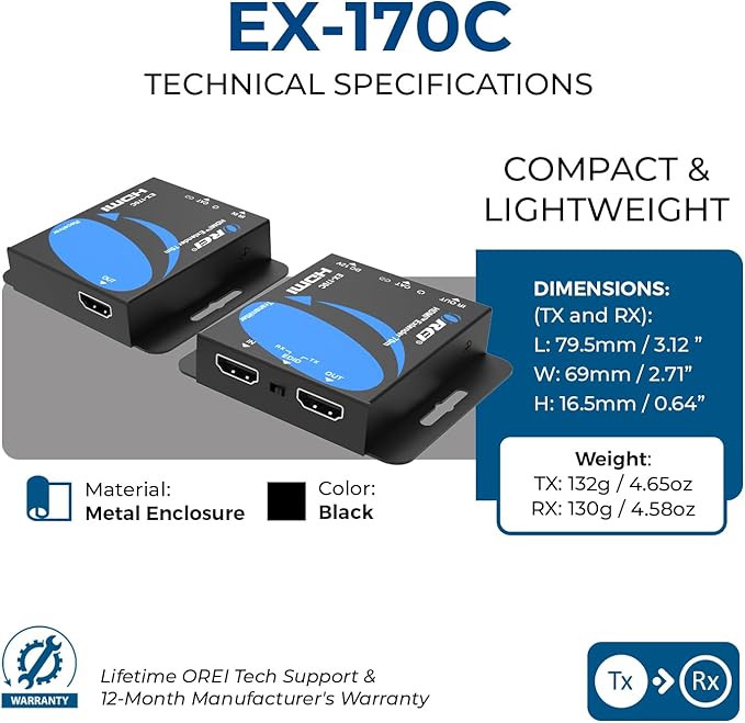 OREI 4K HDMI over Ethernet Extender Over CAT5/CAT6/CAT7, with IR Upto 164 Feet - Loop Out - 4K @ 30Hz 1080P Full HD Signal Distribution (EX-170C)