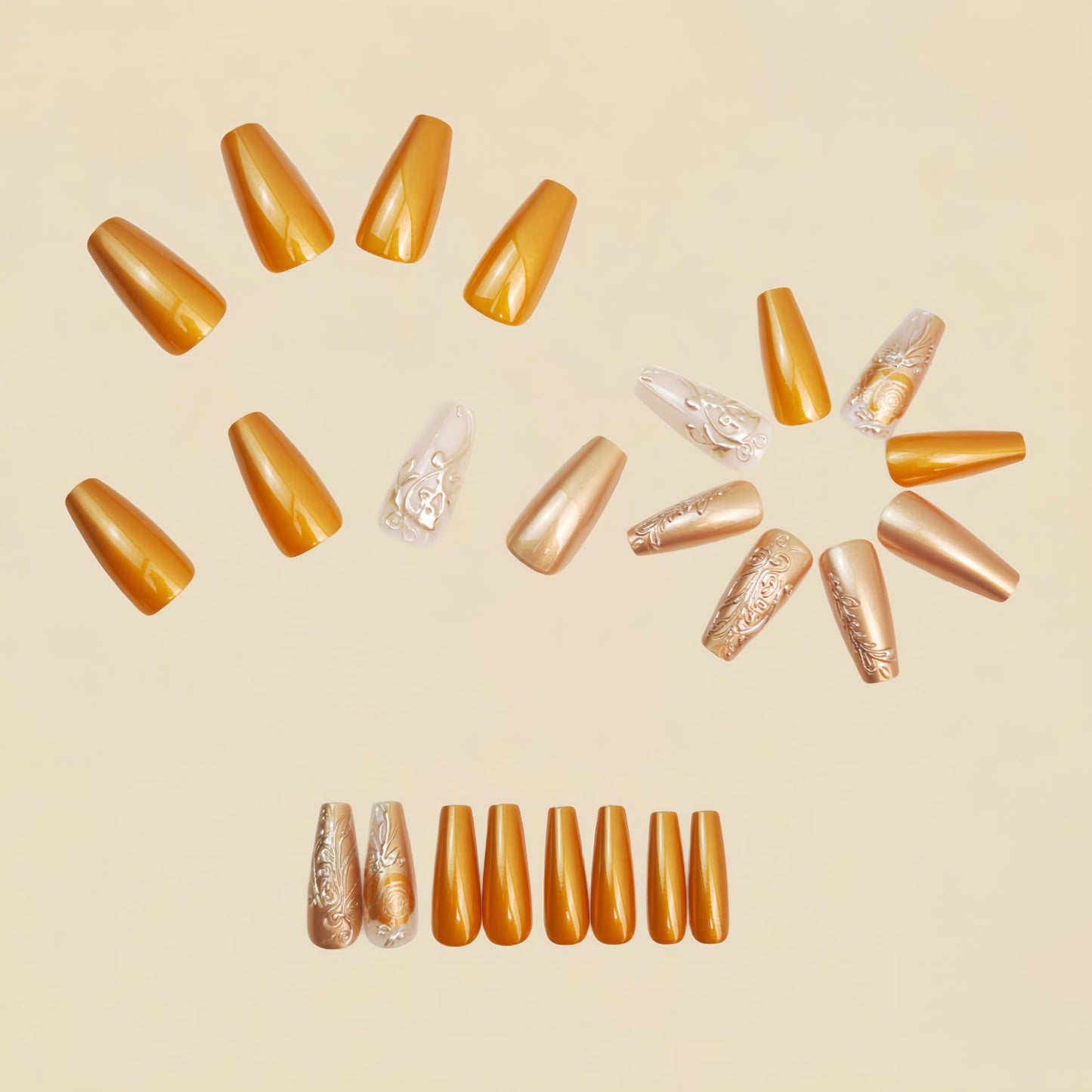Press on Nails Medium Square Fake Nails Gold Flowers Leaf False Nails Glossy Metal Chrome Acrylic Nails Full Cover Glue on Nail Reusable Artificial Nail for Women Manicure 24Pcs