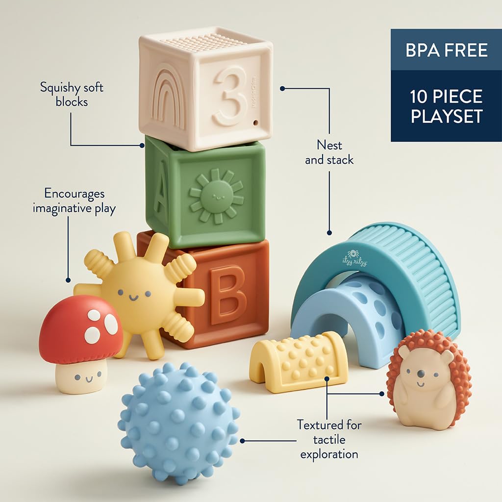 Itzy Ritzy Sensory Blocks Set - Baby Building Blocks 10-Piece Set - Features Soft & Textured Characters - Sensory Toy for Babies & Toddlers Aged 0 Months and Up