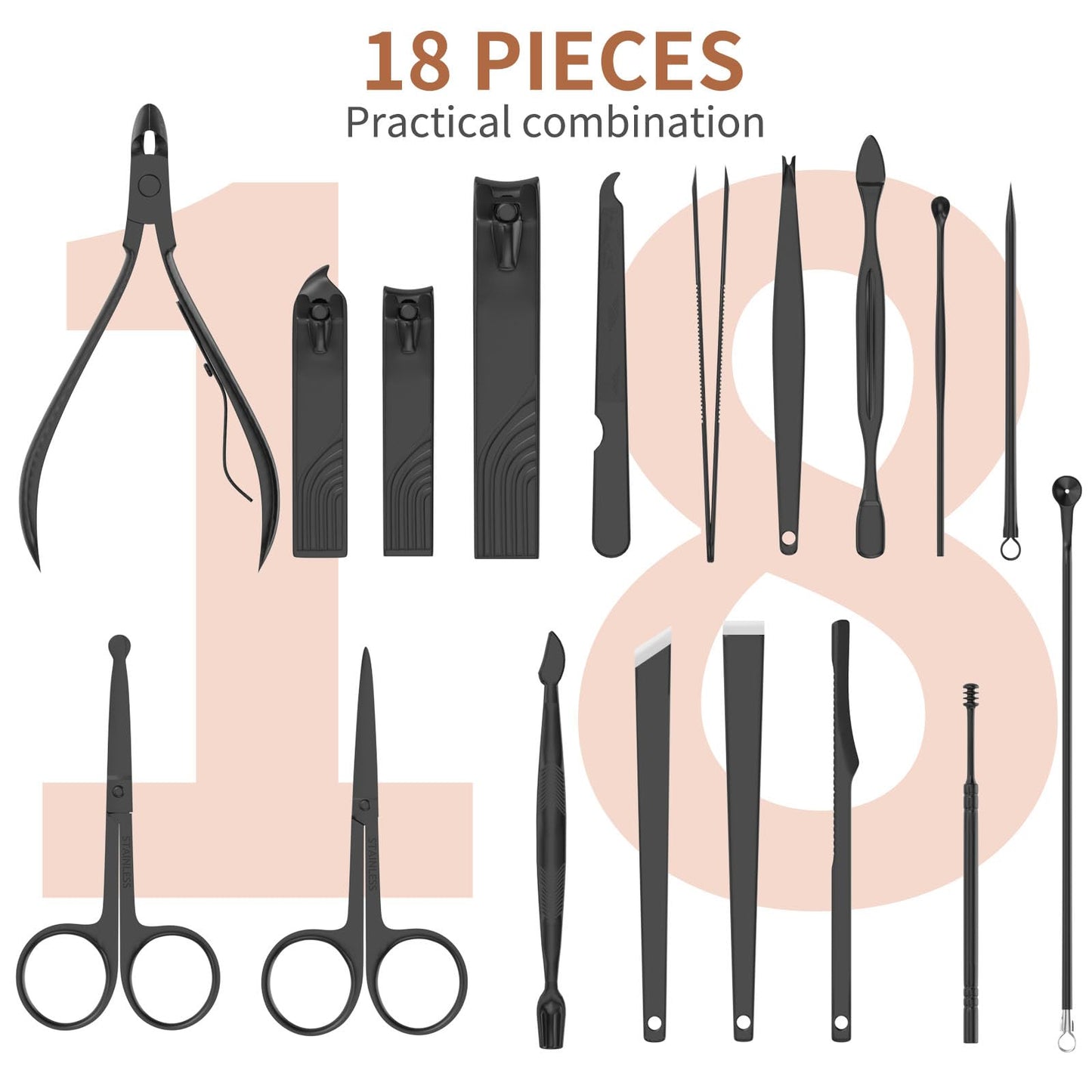 ZIZZON Nail Clippers Manicure Pedicure Set 18 in 1 Nail Grooming Kit with Leather Travel Case(Black/Pink)