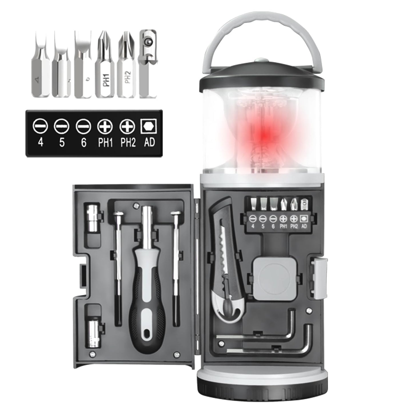 LED Camping Lantern with 15PCS Car Tool Kit, Survival Gear Hiking, Portable Emergency Set Kit with Screwdriver Set Kit Tool, Fishing Gear for Outdoors, Men/Dad Birthday Gift(AA Batteries Not Included)