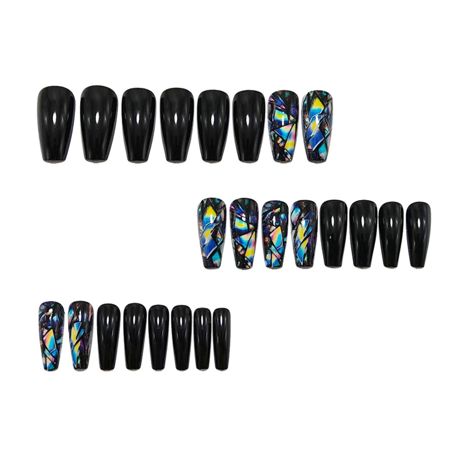 Medium Press on Nails Coffin Fake Nails with Blue Yellow Lines Designs Glossy Nails Press ons Black Full Cover Glue on Nails Acrylic Artificial Stick on Nails for Women 24Pcs