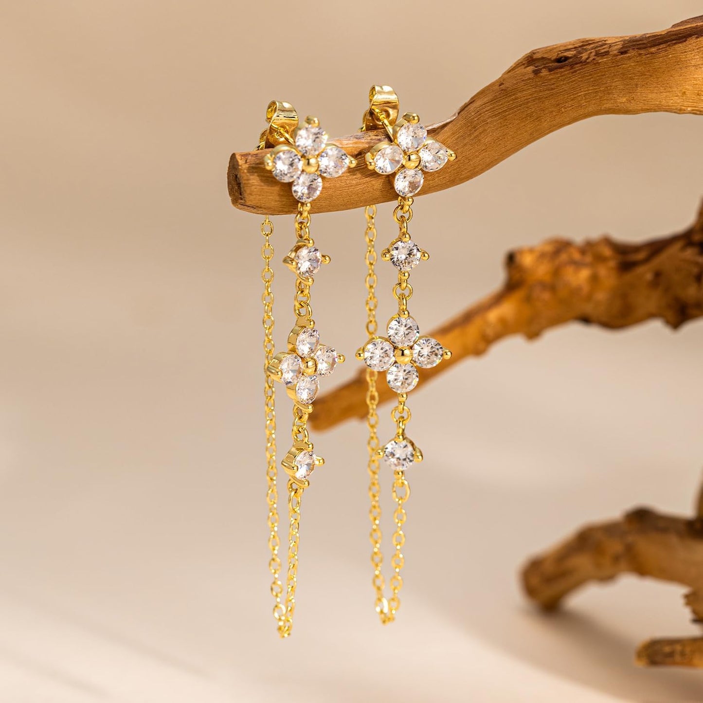PRTGL Gold Earrings for Women - 14K Gold Plated Clover Tiny Cubic Zirconia CZ Dangle Earrings for Women
