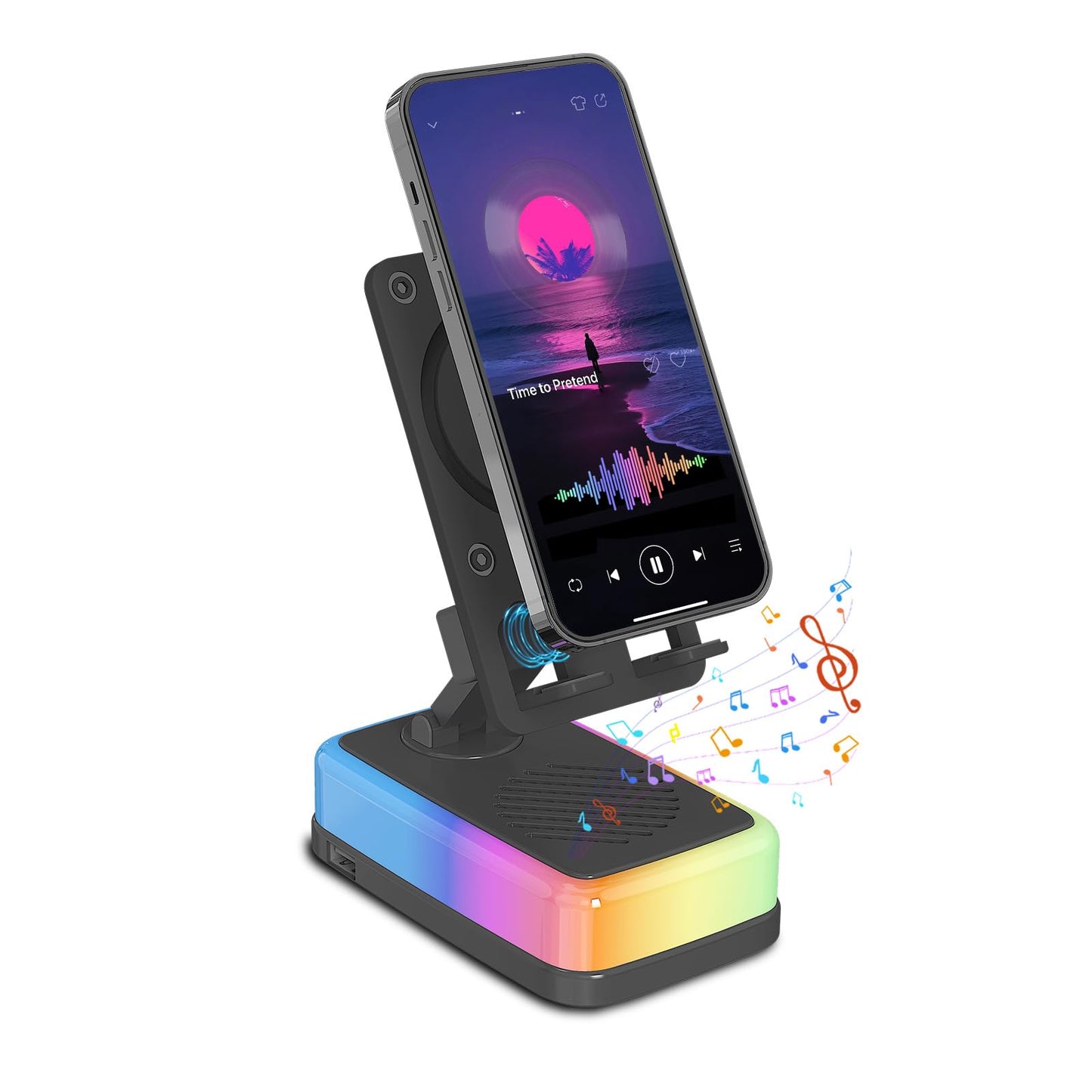 Wireless Induction Speaker with 180° Flexible Phone Stand, Bluetooth 5.3 Speaker for Desk with 3000mAh Emergency Power Bank, 5 in 1 Phone Speaker Amplifier with RGB Light, Gift for Men Women (Black)