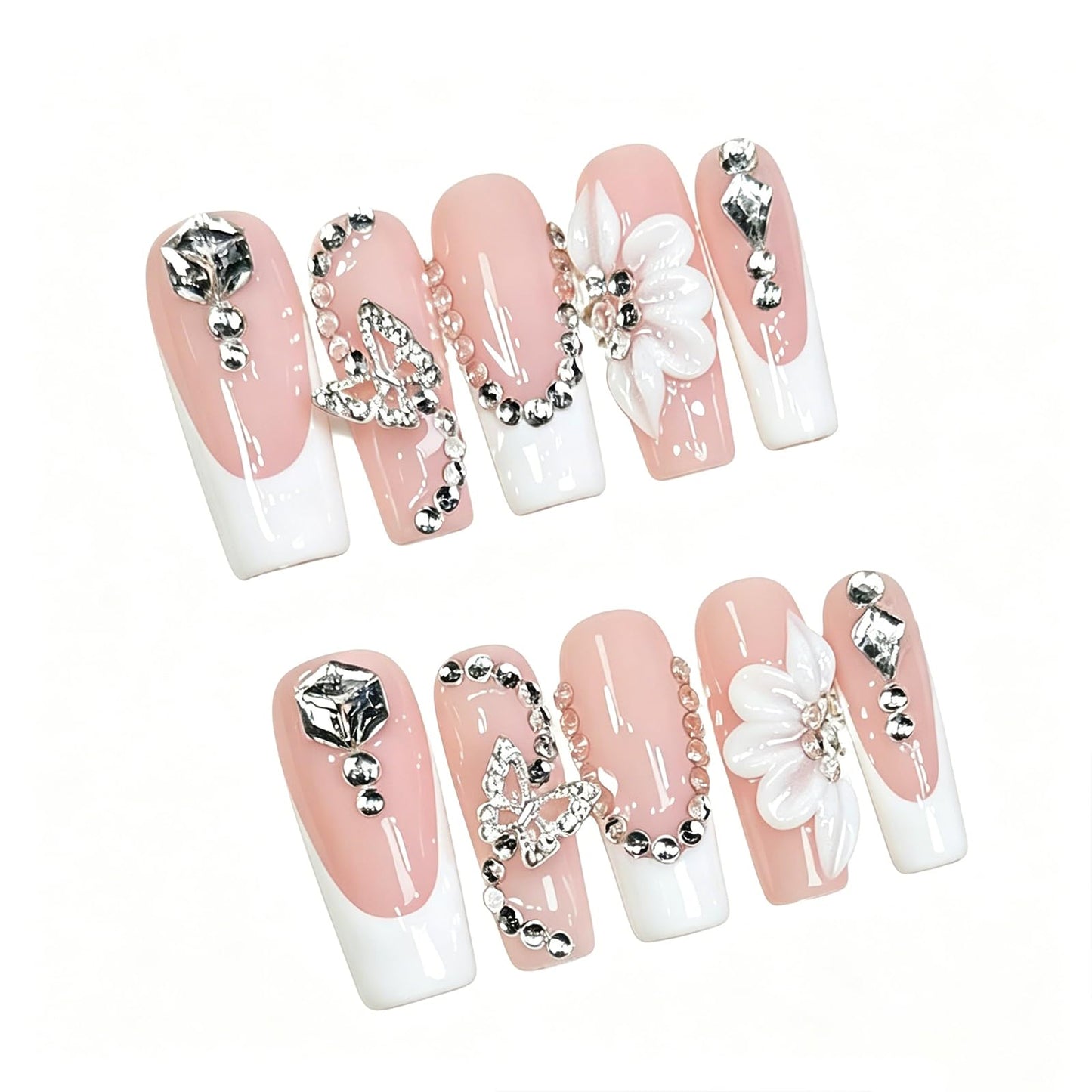 Handmade Press on Nails Long Square - Butterfly & Diamond Necklace Design Fake Nails, Luxury White French Tip False Nails with 3D Flower, 10 Pcs for Women (Size M)