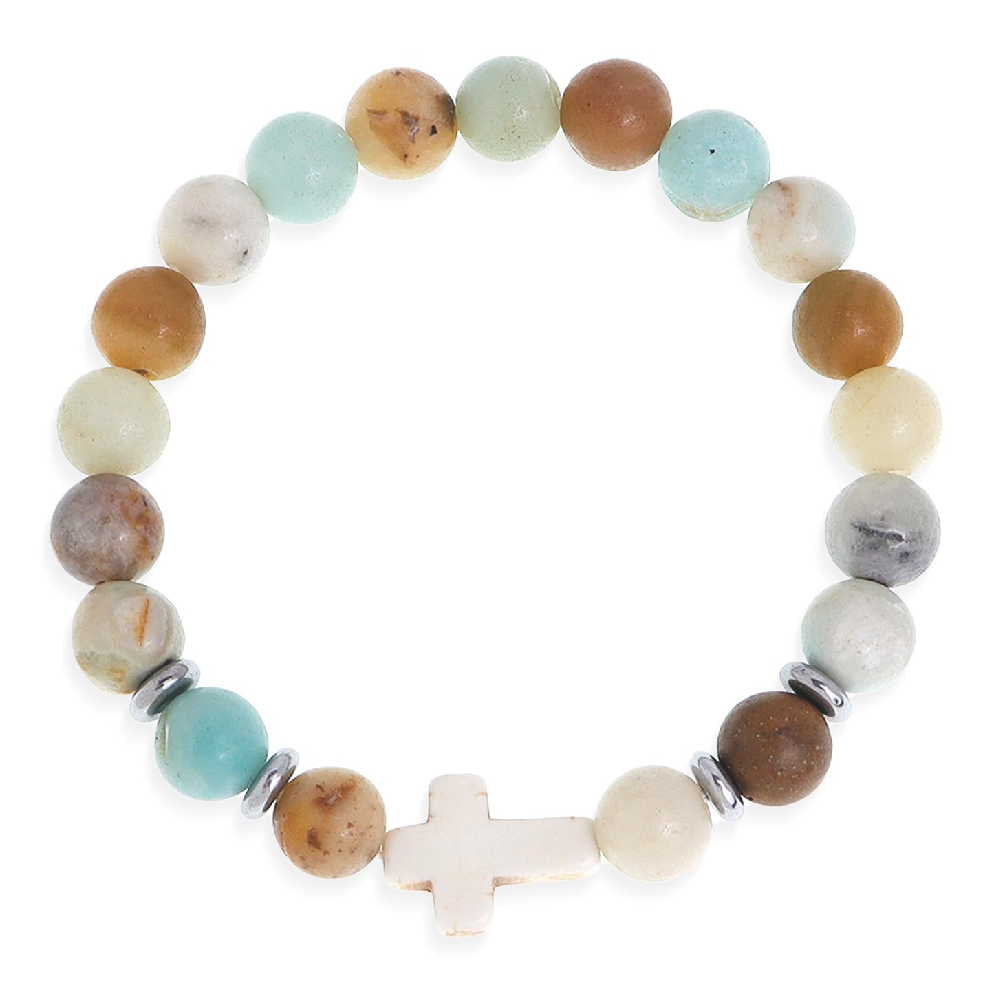 Frigotine Cross Amazonite Beaded Stretch Protection Bracelet for Woman, Handmade Healing Natural Stone Chakra Beads Elastic Bracelets Catholic Religious Accessories Fashion Jewelry Gift