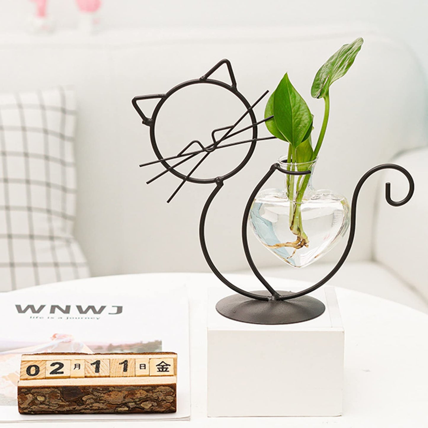 Cat Glass Planter Vase Holder - Plant Terrarium - Simple Cat Iron Flower Ware Hydroponic Flower Arrangement Vase (Sit)