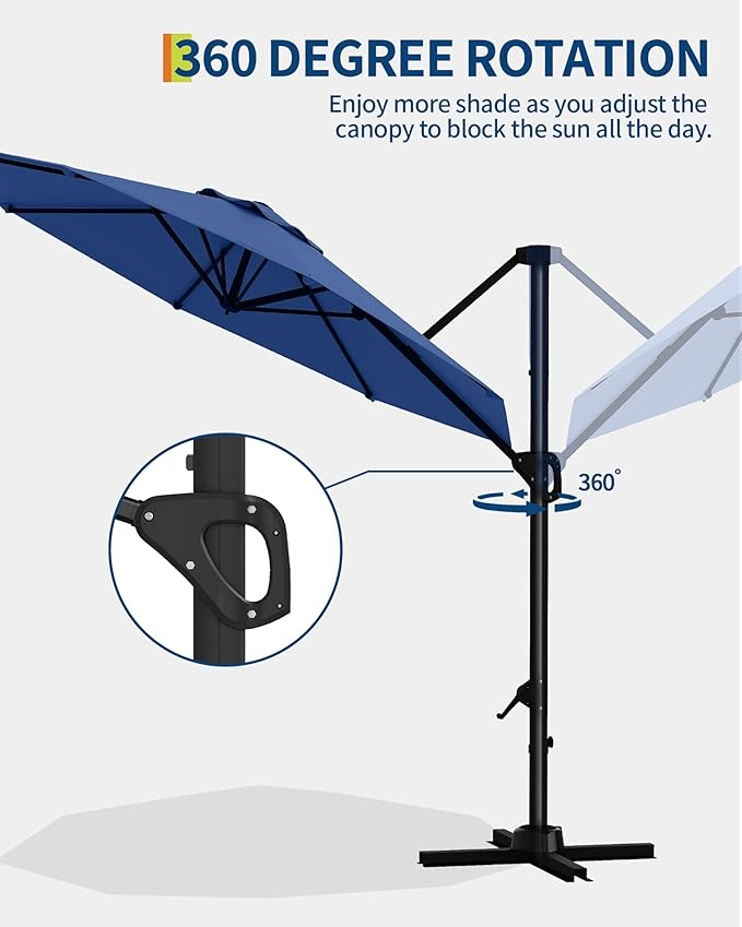GarveeLife 10 ft Patio Umbrella Outdoor Large Cantilever Umbrella w/Base Included Market Sun Shade Windproof Offset Umbrella with 360-Degree Rotation for Garden Deck Pool Patio, Navy Blue