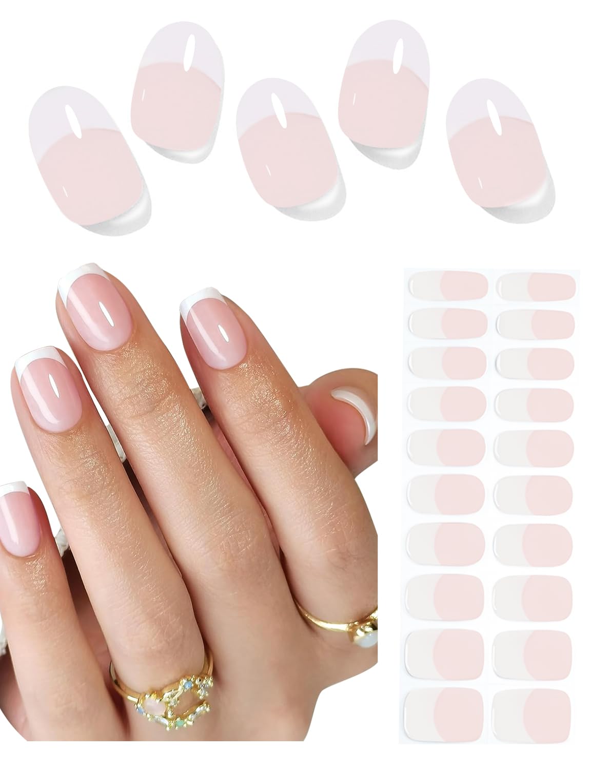 Semi Cured Gel Nail Strips, 20pcs Classic French, Semitransparent Pink Base, Gel Nail Stickers UV for Home Nails DIY