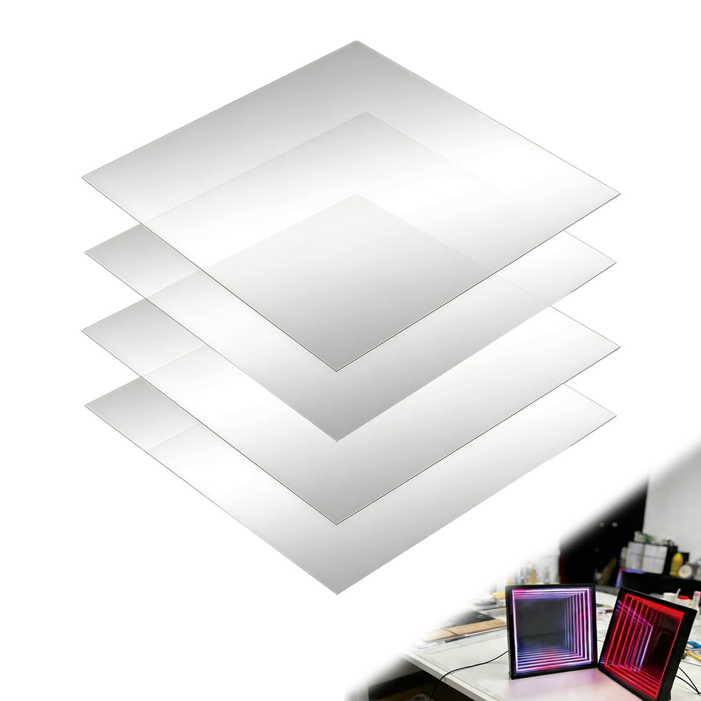 4 Pcs 12 x 12 Inch Acrylic Two Way Mirror Sheets, 30% Transparent See Through Panels for Infinity Mirror Effect, DIY Art and Creative Light Projects