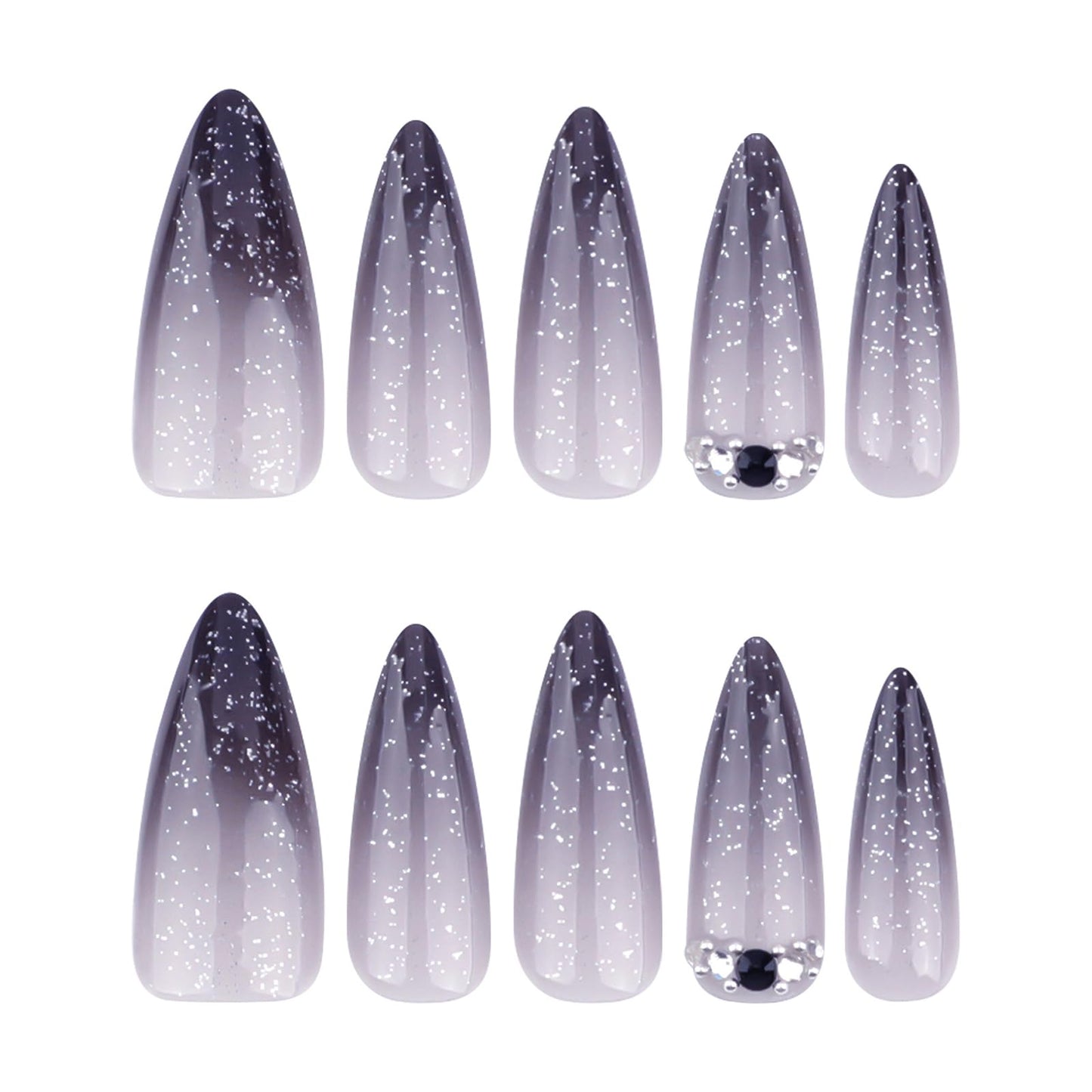 MISUD Press on Nails - Long Stiletto Fake Nails with Goth Black Ombre, Acrylic Bling Glitter Design 24 pcs