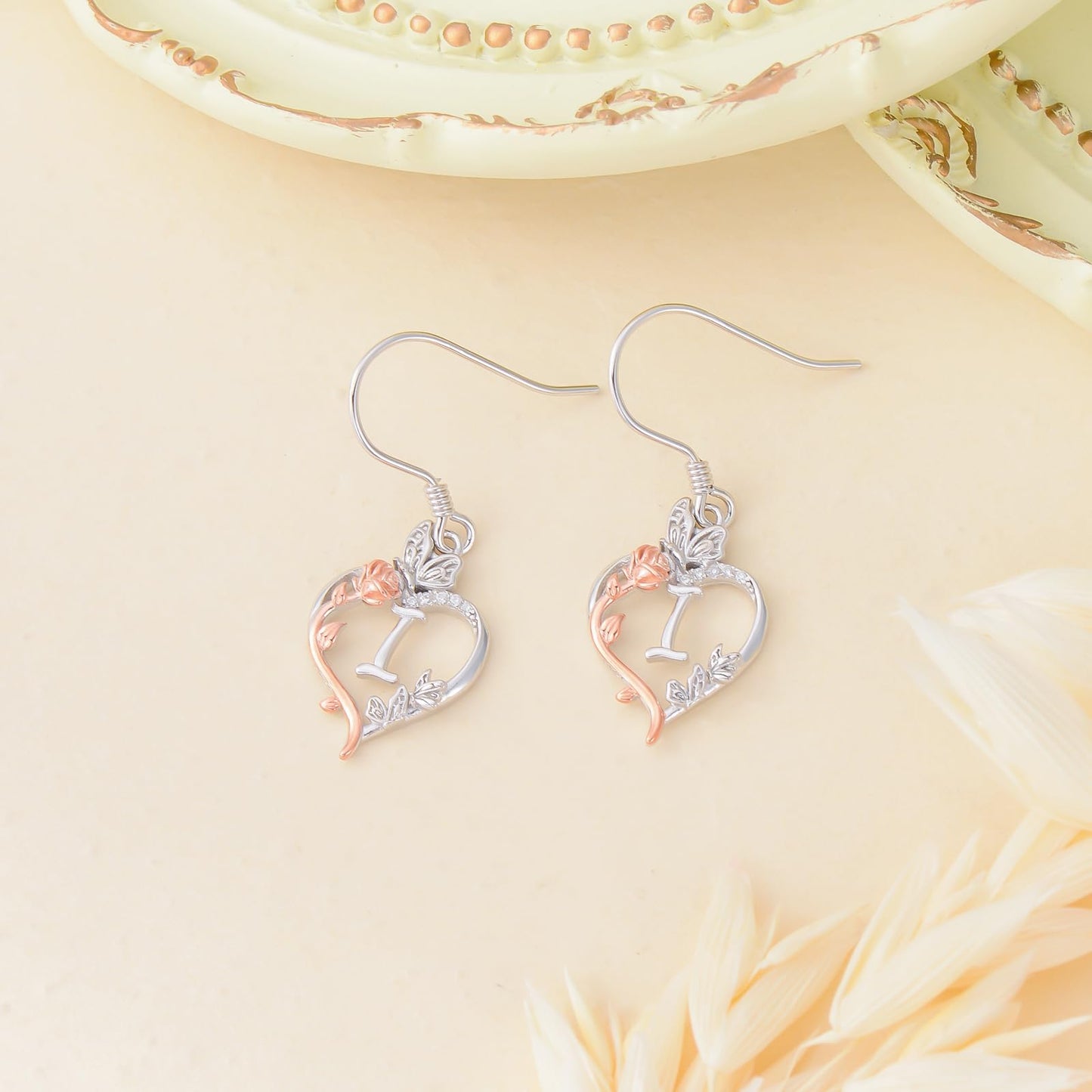 TOUPOP Rose Heart Initial Earrings Sterling Silver Butterfly Earring Initial I Letter Drop Dangle Earrings Jewelry Anniversary Birthday Mothers Day Gifts for Women Mom Wife Girlfriend Her