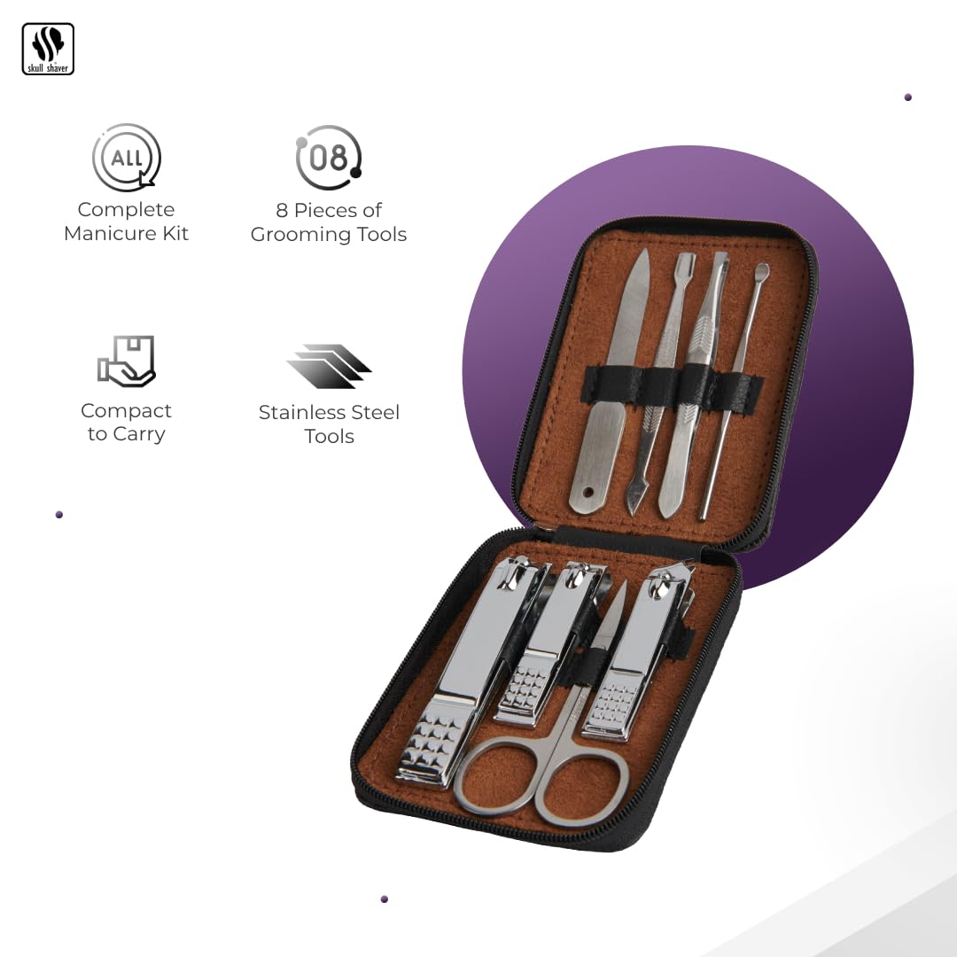 Skull Shaver 8-Piece Manicure Set for Men - High Quality Nail Kit - Stainless Steel Grooming Tools - Precision Nail Clippers with Compact Travel Case - Durable & Ergonomic Design