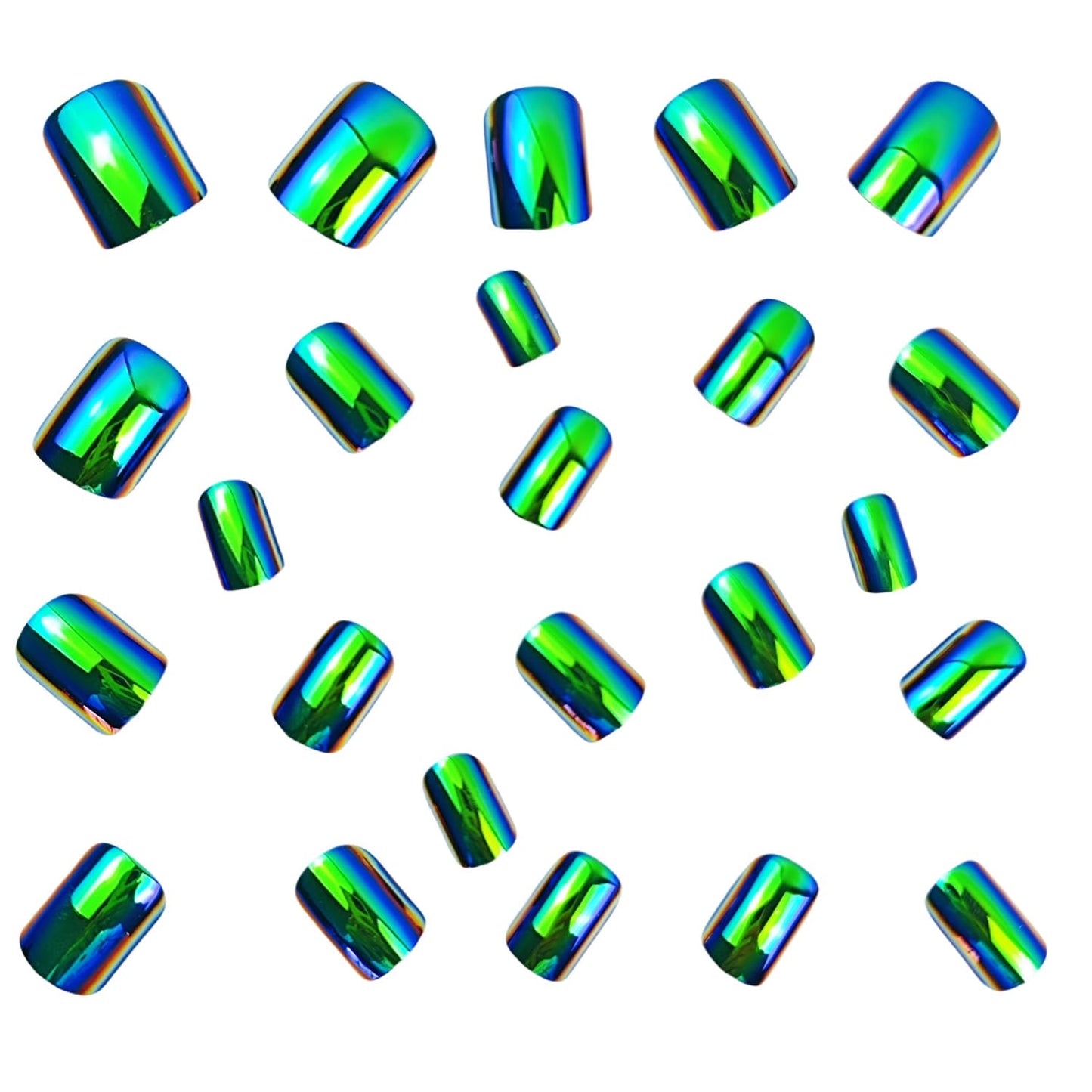 24Pcs Green Electroplating Press On Nails Short Square Fake Nails Acrylic Chrome Glazed Nails Press Ons Full Cover False Nails with Mirror Metal Designs Glossy Glue On Nails Stick On Nails for Women