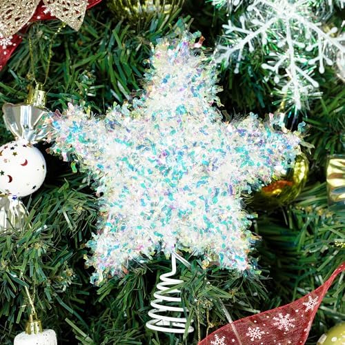 Christmas Tree Topper Star Sparkly Tinsel Star for Christmas Tree Decoration 6 Inch Iridescent Holiday Treetop Stars for Small Tabletop Tree Battery Operated Fairy Light Tinsel Topper for Xmas Tree