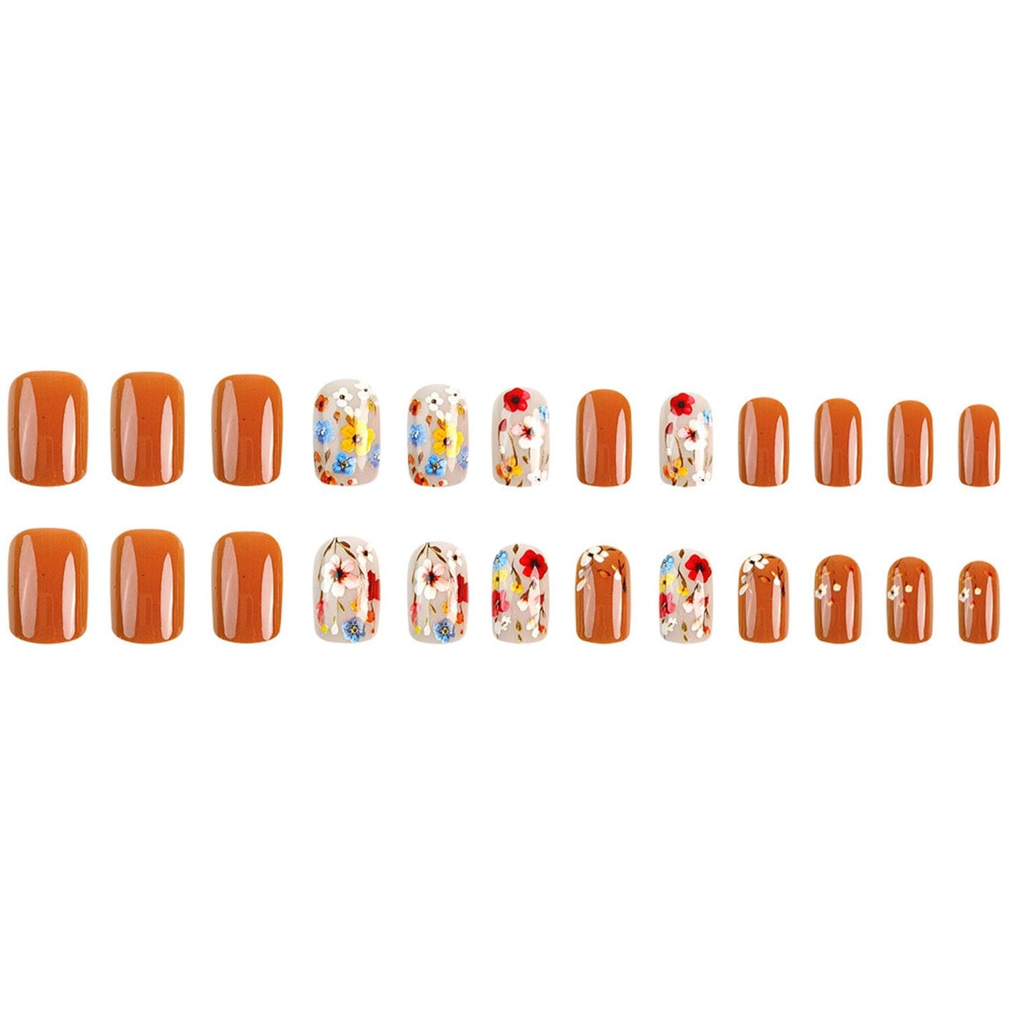 Short Press on Nails Square Nails Press ons Orange Full Cover Fake Nails Spring Acrylic Nails 3D Colorful Flowers Glue on Nails Cute Glossy Artificial False Nails for Women 24 Pcs