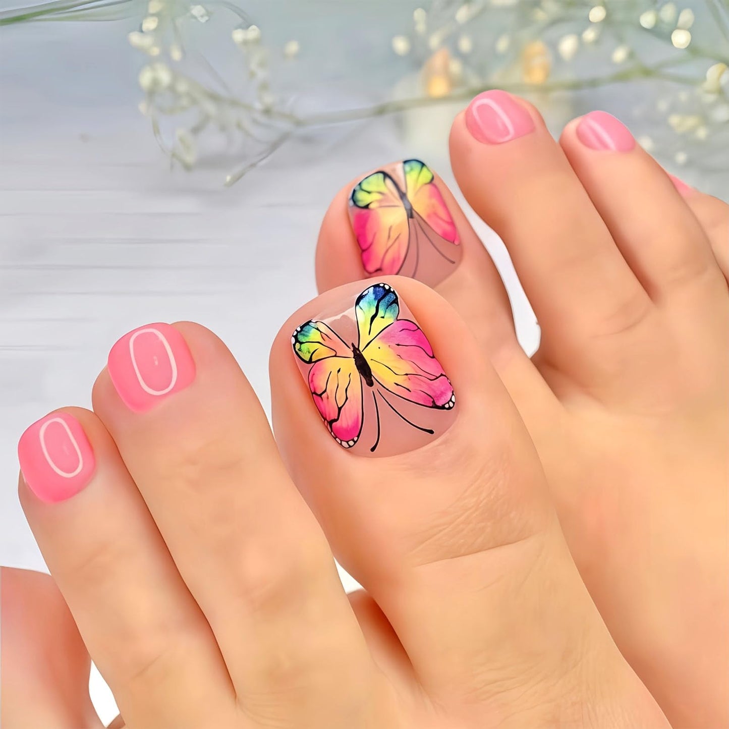 Spring Press on Toenails Pink Fake Toe nails with Yellow Butterfly Design Glossy Short Square Toe nails Press ons Acrylic Stick on Toenails for Women 24Pcs
