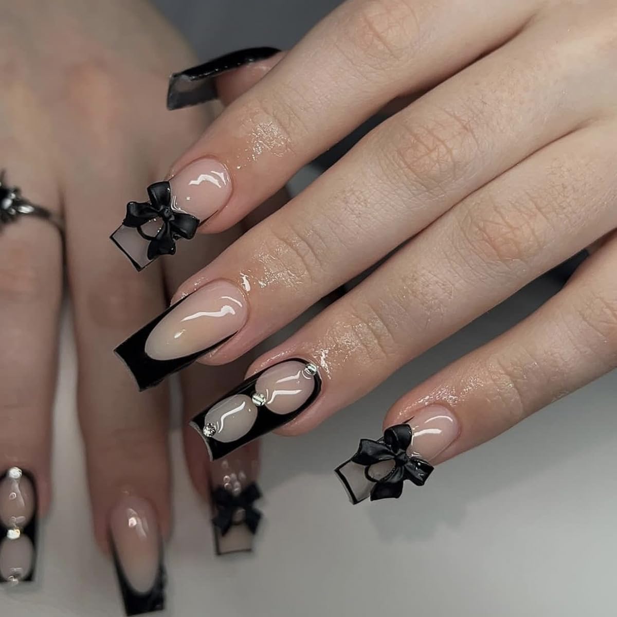 BABALAL Medium Square Press on Nails, Black French Tip Bow Goth Design Handmade Thick Full Cover Acrylic Squoval Glue on Nails 24 Pieces