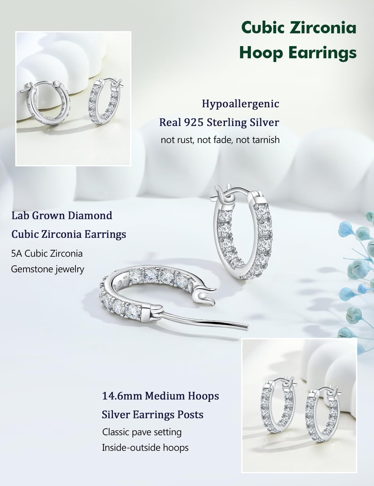 RANDES 15mm Chunky Cubic Zirconia Hoop Earrings for Women Trendy 925 Sterling Silver Small Hoops 1.5 Cttw Lab Created Diamond Earrings