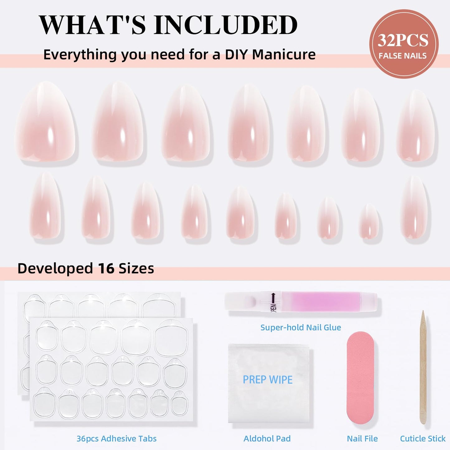 Sifvoo Pink White Ombre Press On Nails Short Almond, Glossy Reusable Press On Nails for Women, 32 Count 16 Sizes Nail Kit with Glue (SV-05)