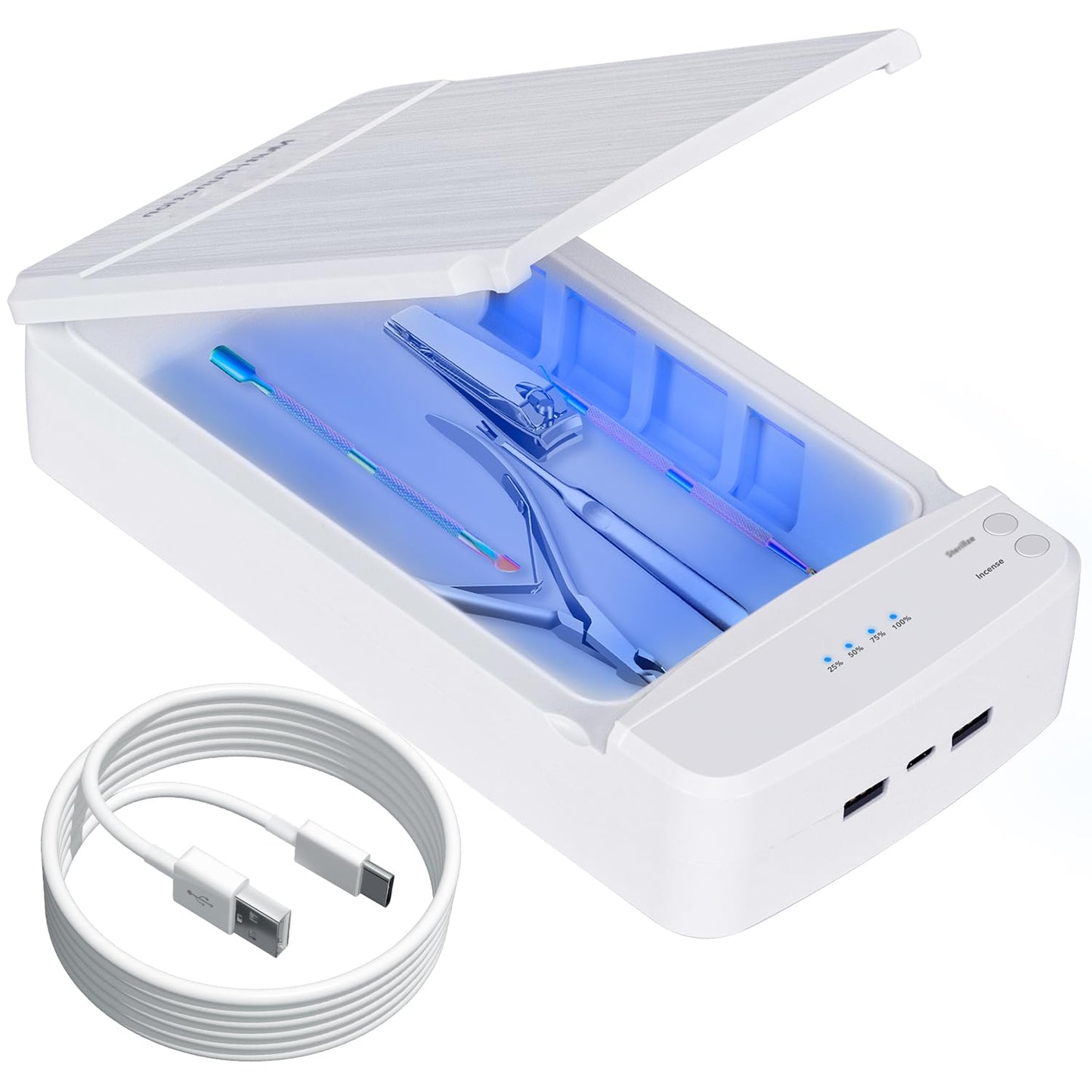 UV Light Nail Tool Cleaner Portable USB Cleaning Box 360° UV Cleaning Container Multi-function Aromatherapy Cleansing Box Manicure Tools Clean Machine for Nails Supplies Salon Phone Glasses White