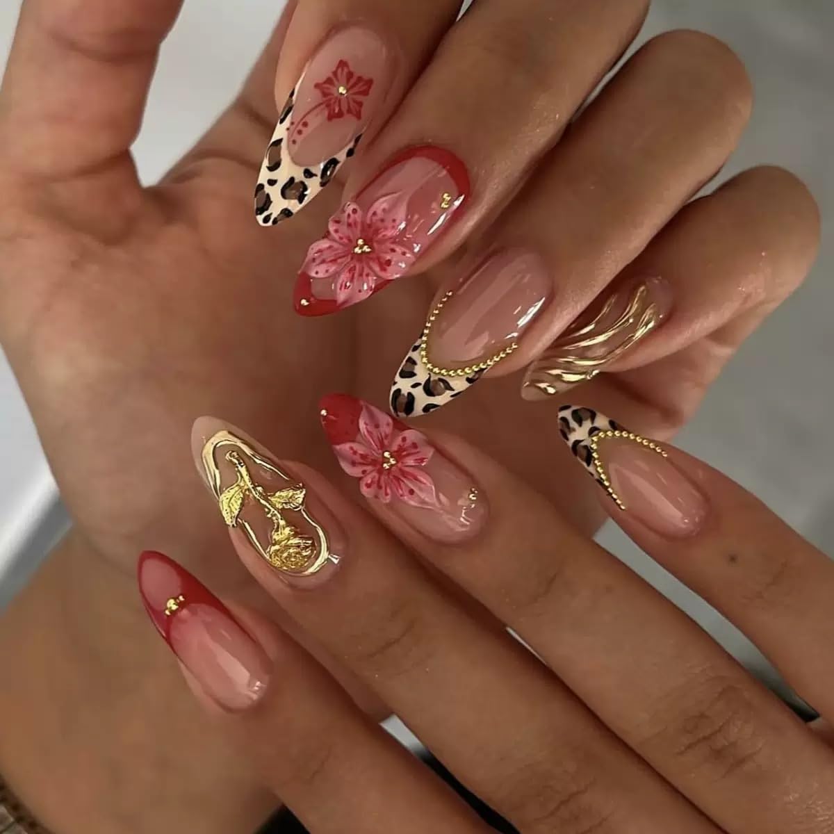 Almond Press on Nails Medium - Flower Fake Nails with 3D Gold Design - Ombre, French Tip False Nails for Women - 24 Pcs