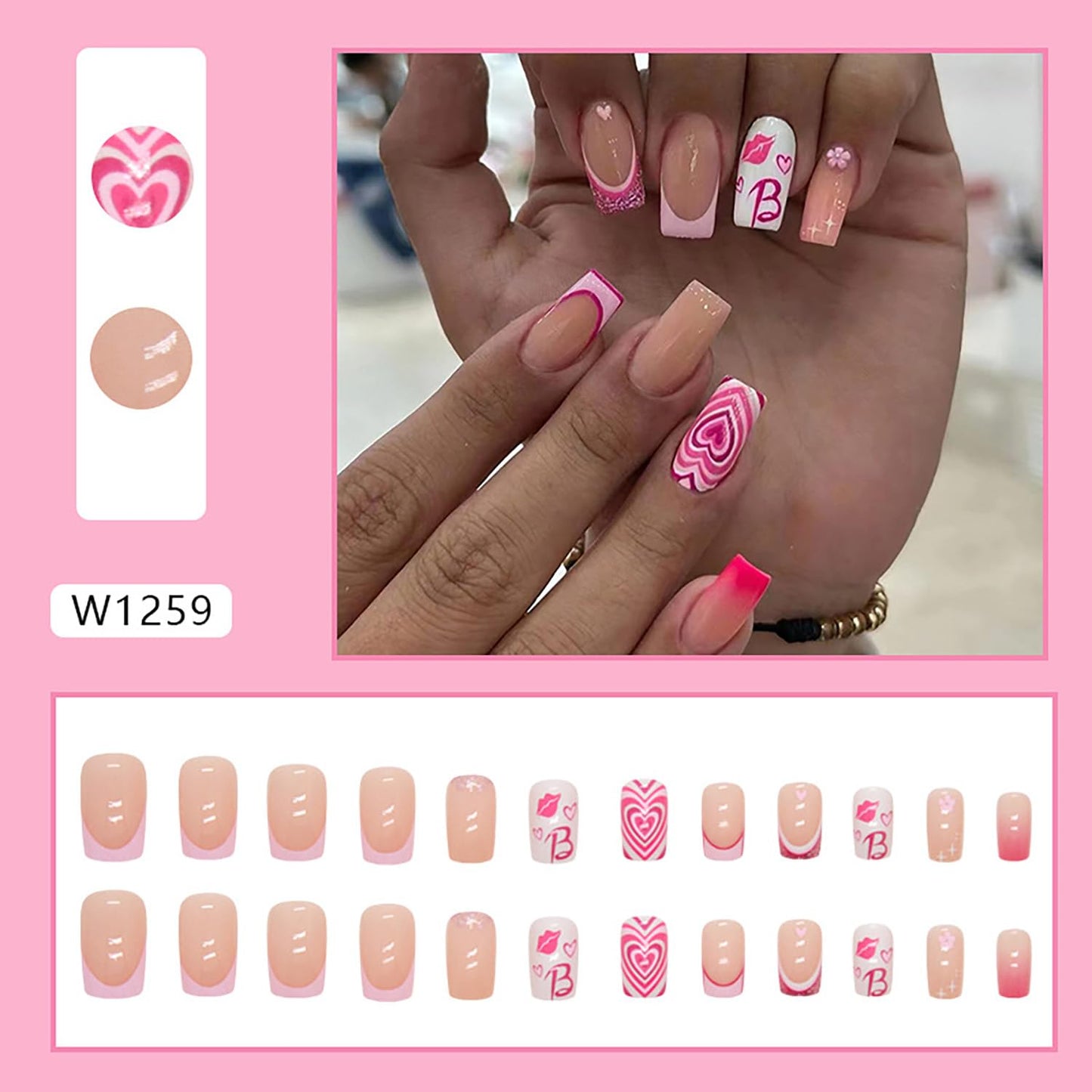 Press on Nails Medium Square Pink 24Pcs Glossy Full Cover Artificial French Fake Nails with Heart Lips Designs Reusable Coffin Acrylic False Nails Glue on Fingernails with Charm for Women