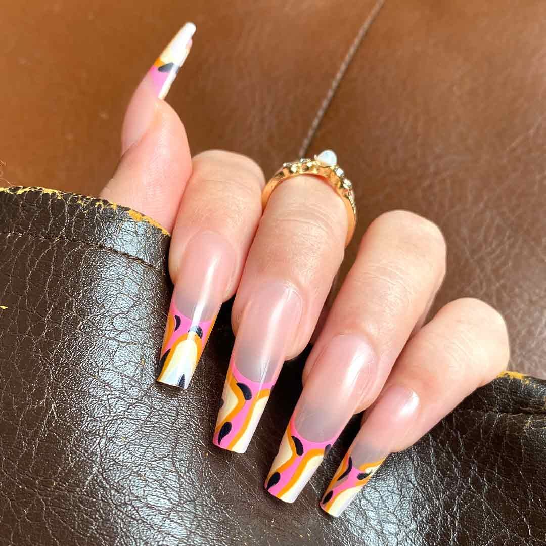 EXOTIC BABE Press-On Nails by Lavaa Beauty | Extra-Long Coffin | Orange Pattern French Tip Nails on Nude Base