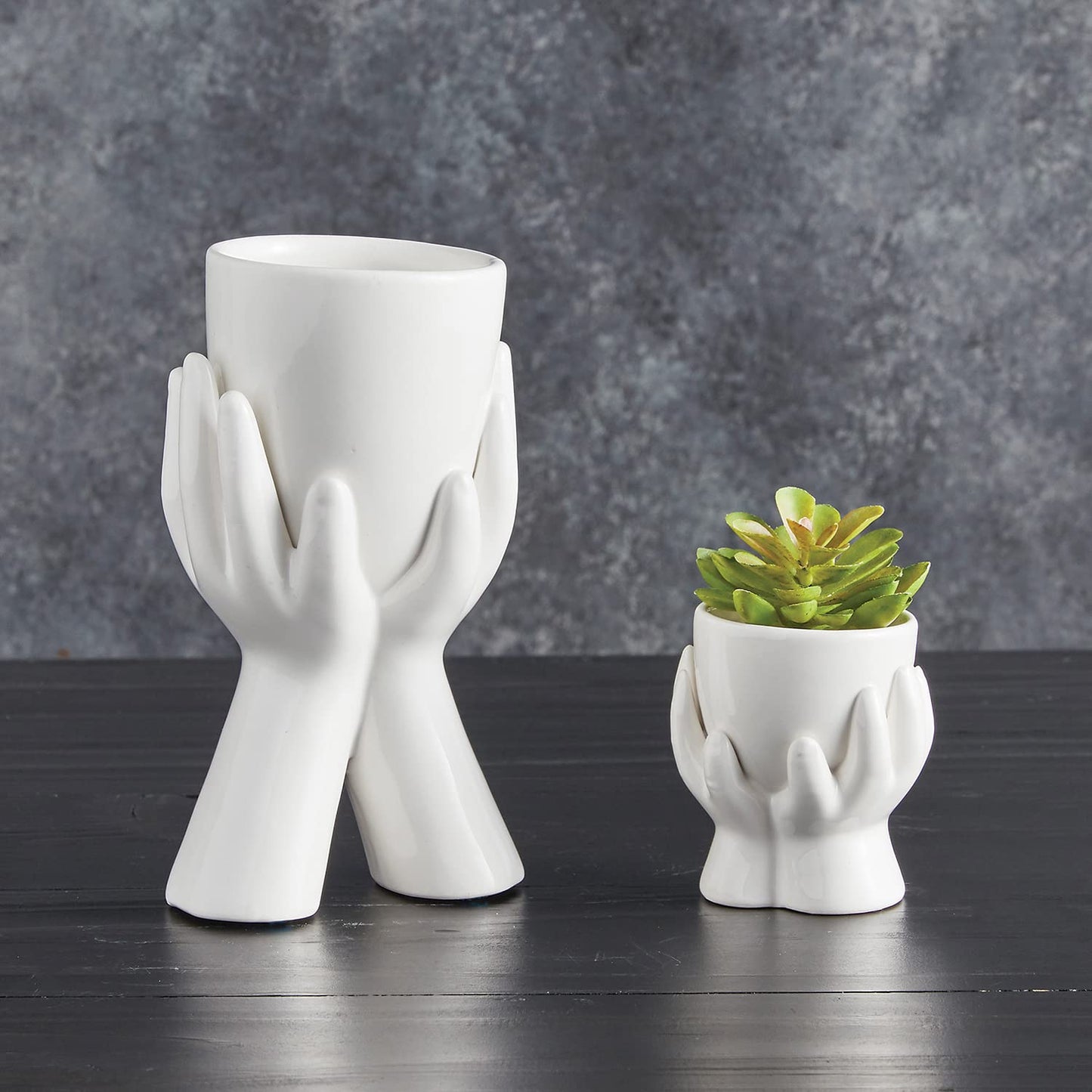47th & Main Sleek & Contemporary Shaped White Ceramic Planter Flower Pot for Succulents Small Plants and More, Large, Hands