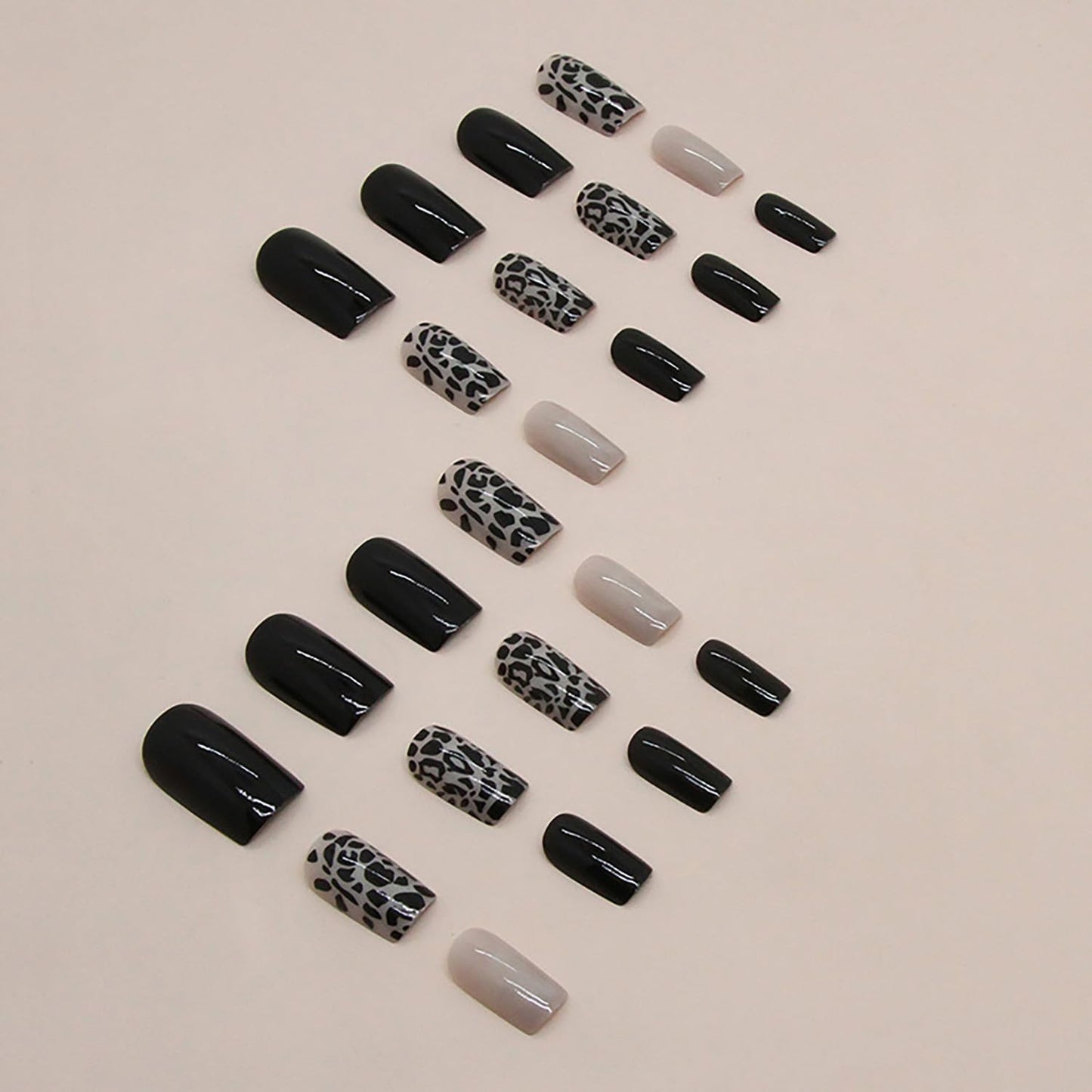 Press on Nails Square Medium Black 24Pcs Glossy Full Cover Artificial Fake Nails with Leopard Designs Reusable Coffin Acrylic False Nails Glue on Fingernails with Charm for Women Girls