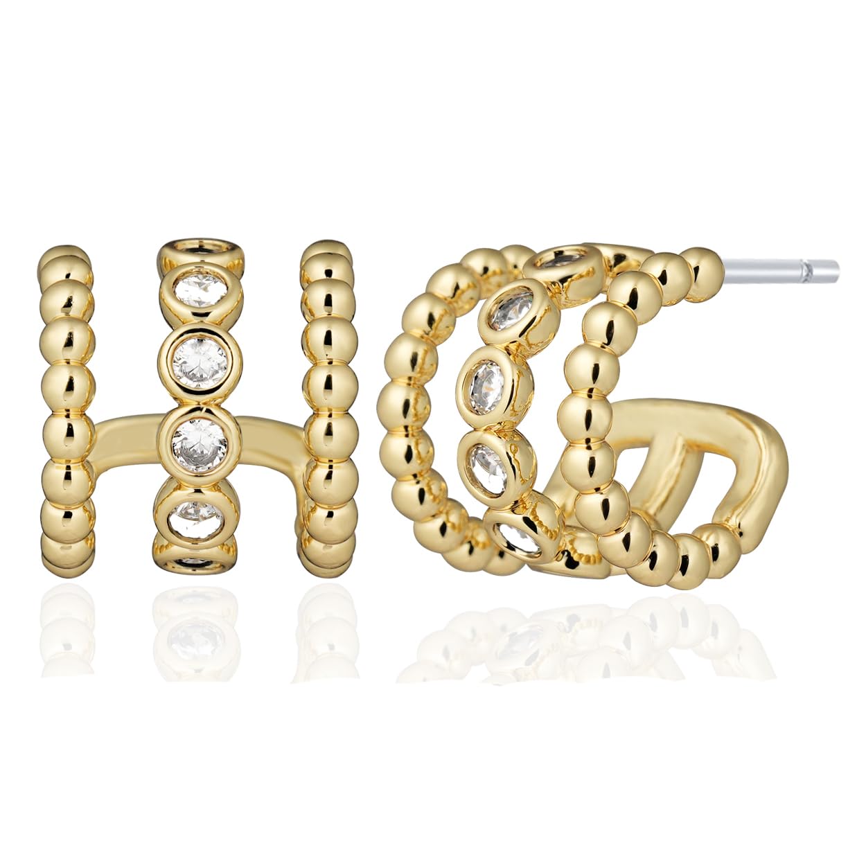 Obidos 14K Gold Plated Illusion Stud Earrings for Women | Triple Huggie Hoop Earrings for One Hole (Plated Gold)