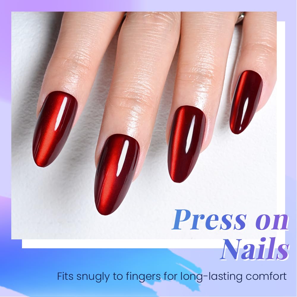 evpct Ruby Red Cat Eye Chrome Press on Nails Almond Medium with Design, Red Holographic Medium Almond Stick on Fake Nails for Women, Glossy Cat Eye Effect, Perfectly Fit Salon-quality Soft False Nail