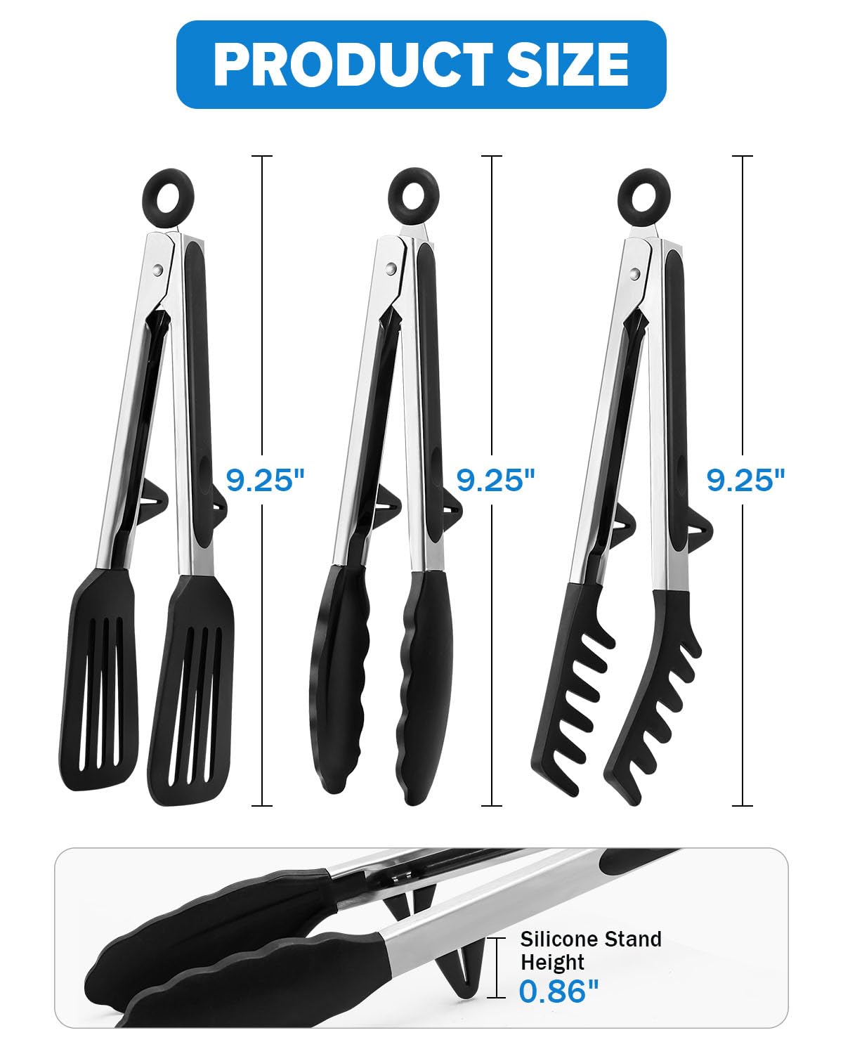 Kitchen Tongs for Cooking, Non Scratch Silicone Tip for Nonstick Cooking Pans, Food Grade Mini Serving Tongs, Pull Lock, Set of 3, Black (BLack, 9 inch)