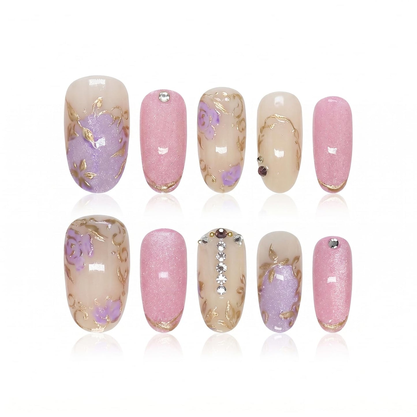 IMRAIN Almond Press on Nails, Medium Fake Nails, Vintage 3D Rose Flower Gold Outlining, 30 Pcs Reusable Glue on Nails for Women, Salon Quality