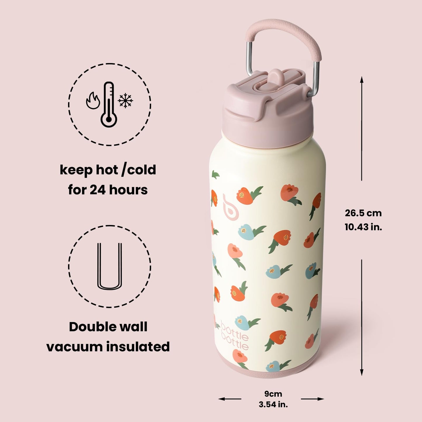 BOTTLE BOTTLE 32oz Insulated Water Bottle Stainless Steel Sport Water Bottle with Straw Dual-use Lid Design for Gym with Pill Box (Buds Rain)