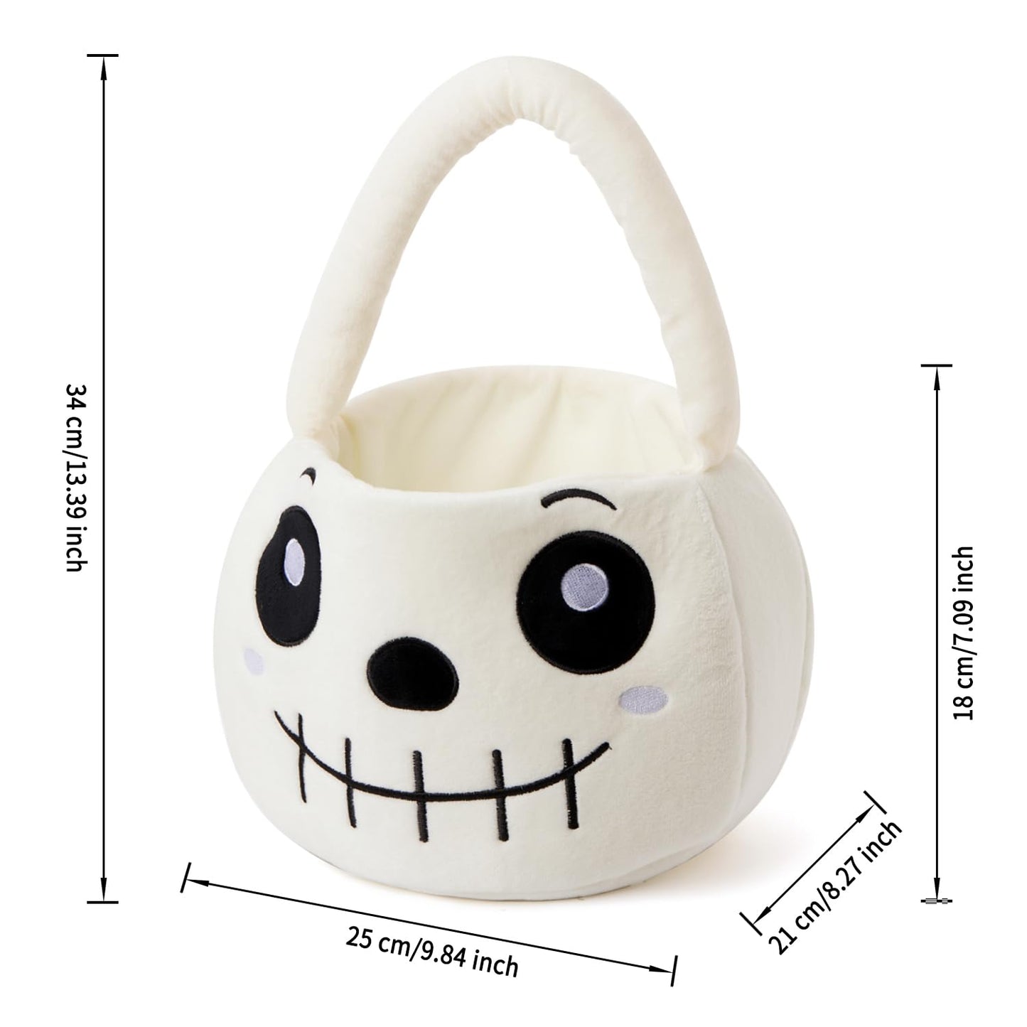 Ouksma Halloween Plush Treat Basket, Halloween Candy Basket, Trick-or-Treat Bag(White Skull)