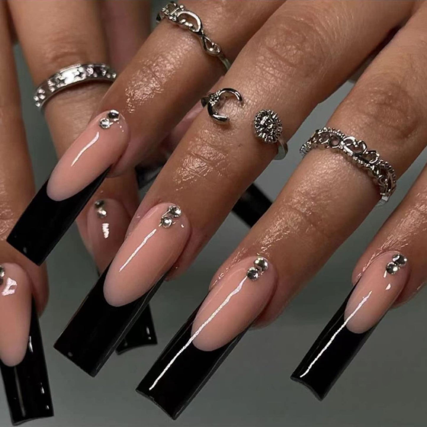 MISUD Press on Nails - Long Coffin Fake Nails with Black French Tip, Acrylic Rhinestone Design 24 pcs