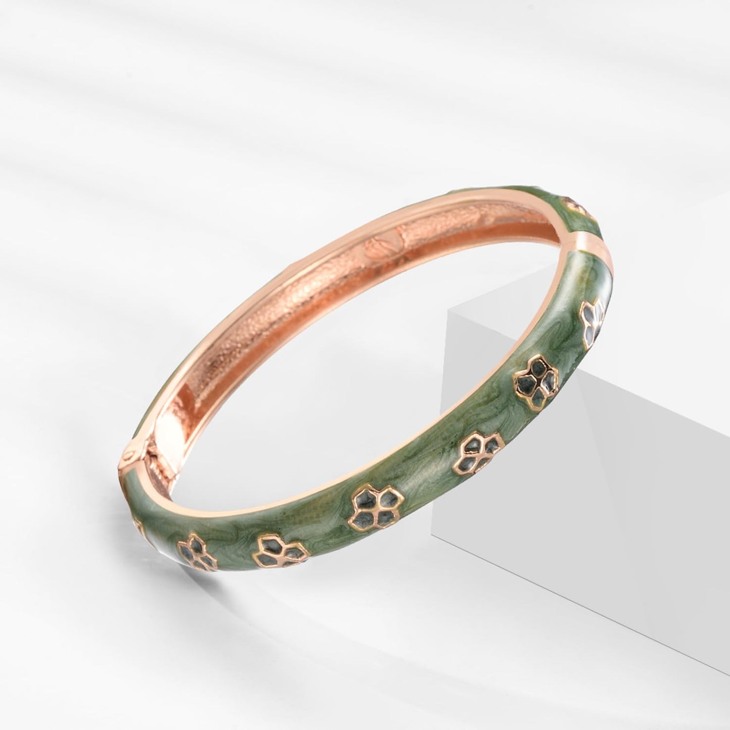 UJOY Women Cloisonne Bracelet Multi-colors Rhinestone Flower Hollowed Enameled Gold Hinged Cuff Bangles Jewelry Gift 88C06 3pcs green