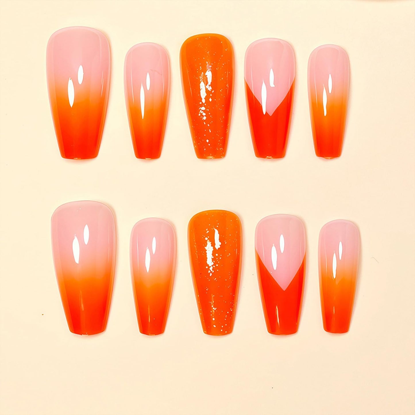 SINHOT Coffin Press on Nails - Long Fake Nails, Glossy Finish, Orange Gradient & Glitter, Reusable Artificial False Nail Art - 24 Pcs Nail Kit with Glue